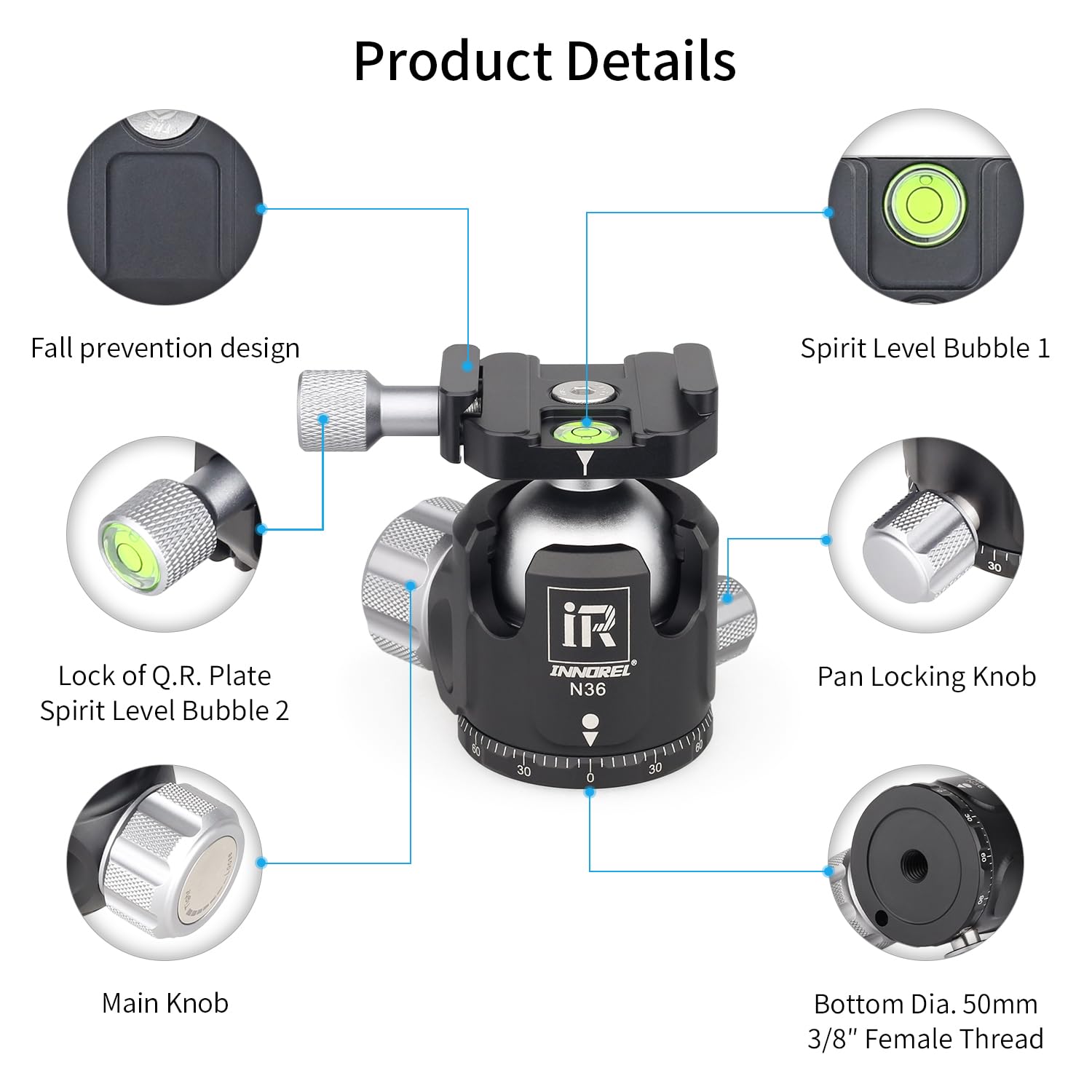 INNOREL N36 Tête de Boule à Rotule Centre de Gravité Basse φ36mm Charge Maximale 20kg Support de Caméra Métal CNC Vue Panoramique 360° avec 2 Plaques QR Arca-Swiss