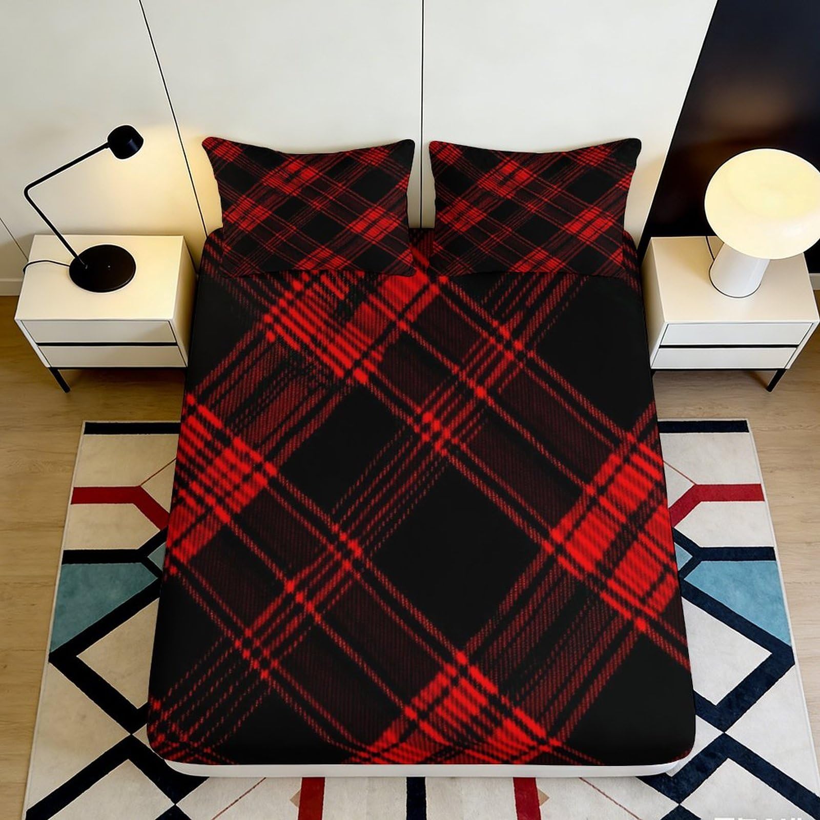 3D Printed Red Black Plaid Fitted Sheet Microfiber Soft Breathable Black Red Checkered Mattress Cover for Bedroom Dormitory Guest Room Protection Decor 180x200x25cm