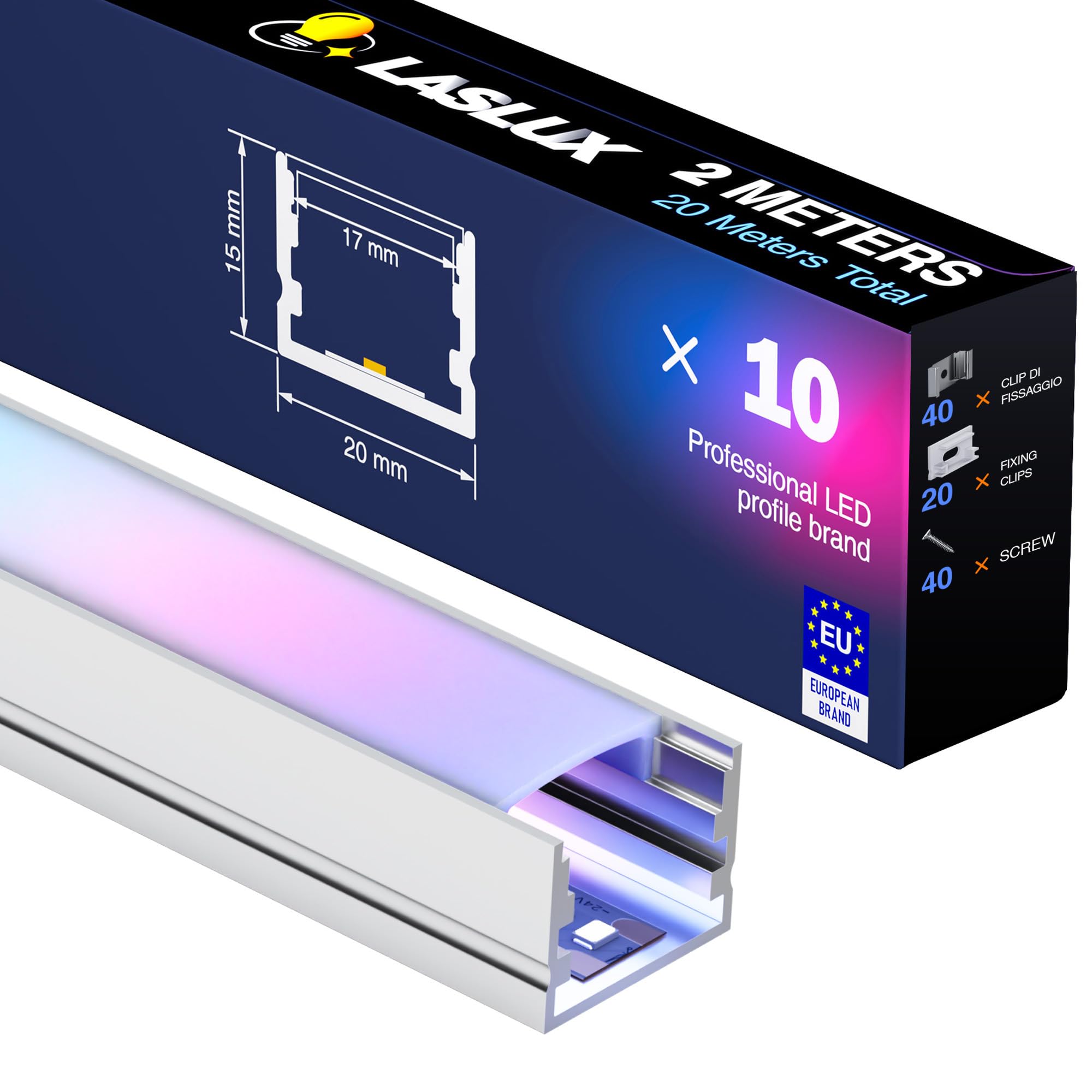 Listón de perfil LED de aluminio, 2 m × 10 unidades – 20 × 15 mm – para tiras de hasta 15 mm – Difusor para perfiles de aluminio LED perfil de aluminio 2 metros