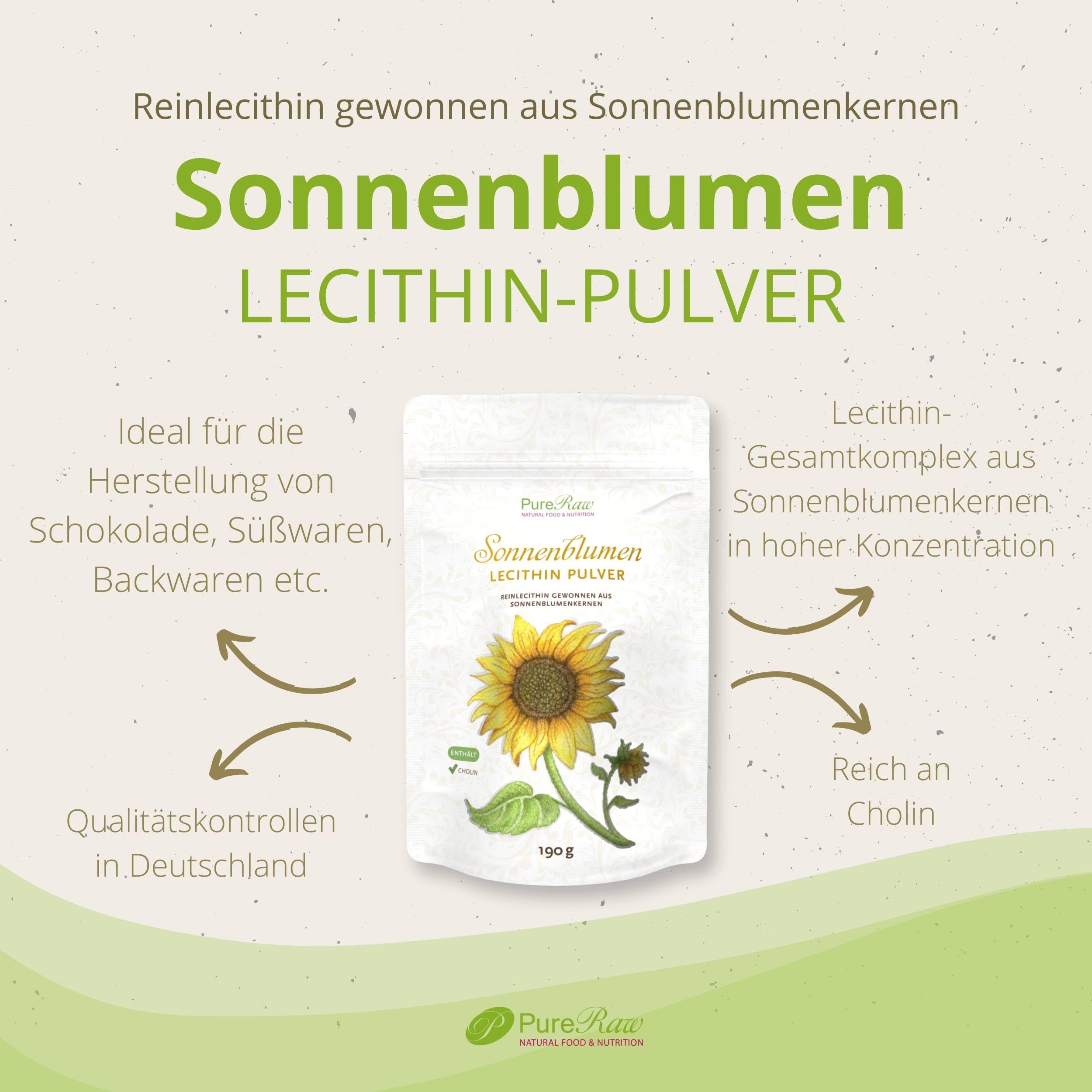 Sonnenblumen Lecithin Pulver zum Kochen & Backen - Sonnenblumenlecithin Pulver, Veganes Cholin Emulgator Feines Granulat - Sunflower Lecithin Powder I PureRaw 190g