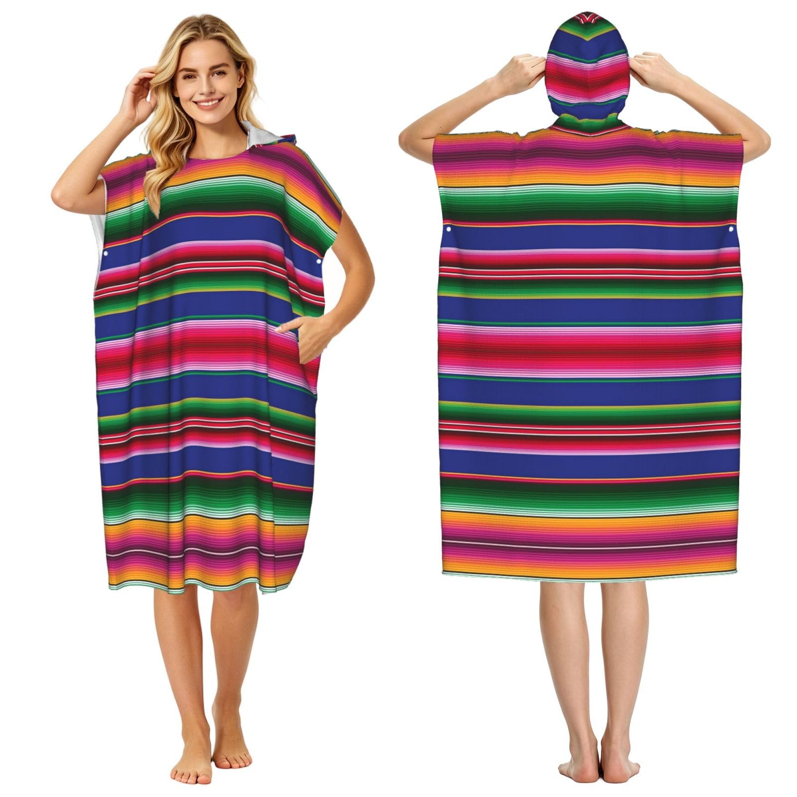 Poncho à capuche en microfibre imprimé rayures absorbant et compact adulte