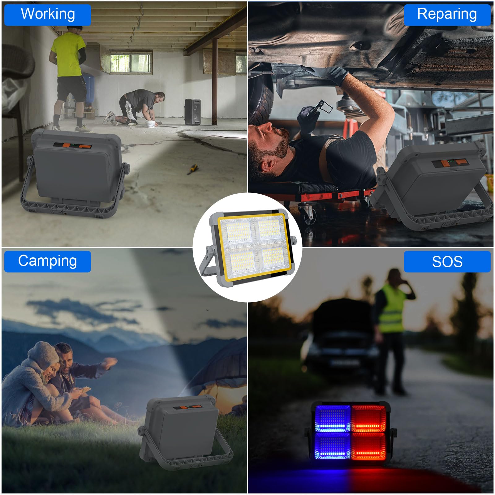 ERAY Foco LED Recargable 150W, Foco de Trabajo Portátil con Doble Panel Solar Batería de 9000mAh/336 LEDs/4 Modos de Luz/IP66/Banco de Energía para Camping, Emergencia, Trabajo