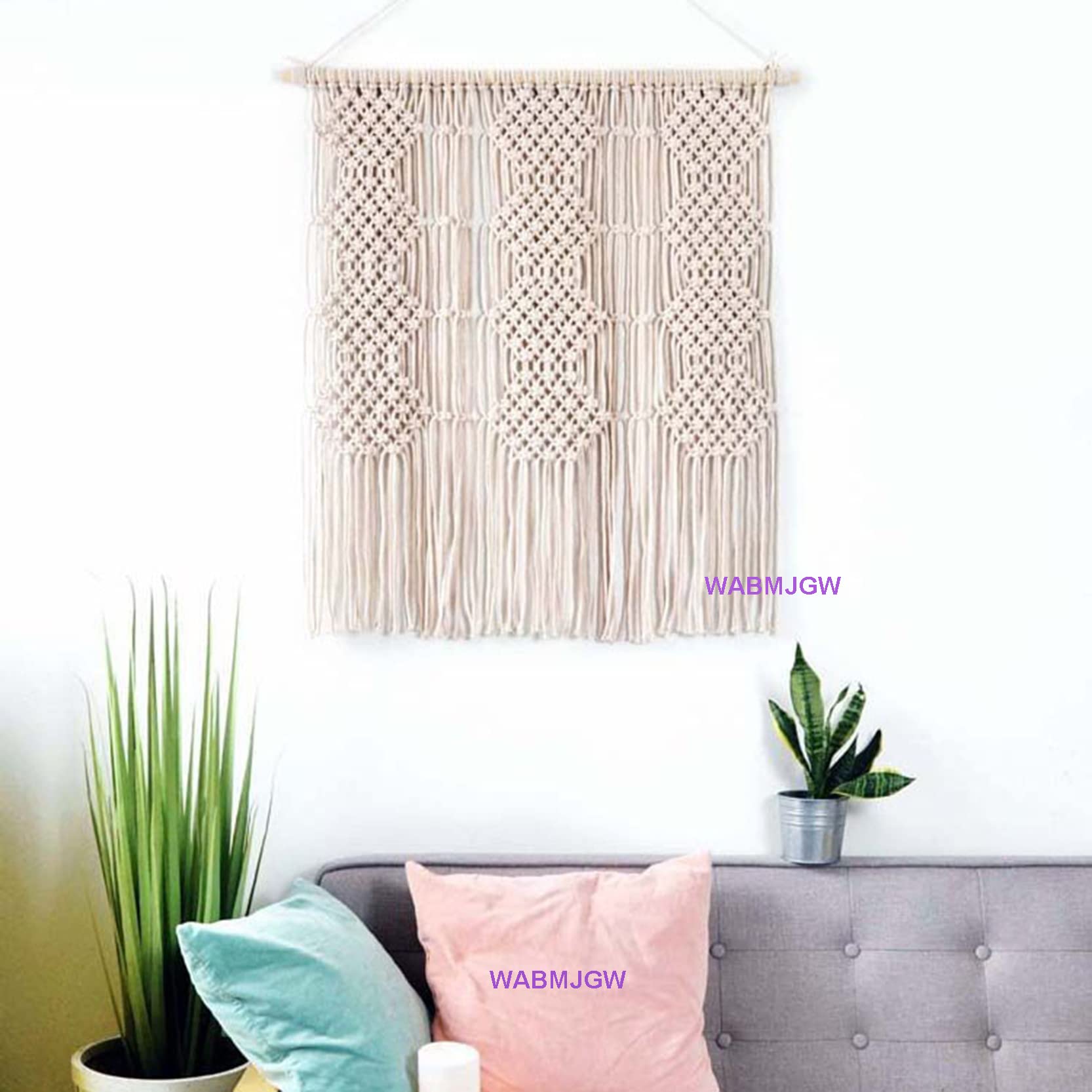 Macramé Colgante de Pared decoración Boho, Hecho a Mano macramé decoración de Pared Cuerda de algodón Tejido macramé Tapiz patrón geométrico decoración de habitación Boho,Beige-100x120cm