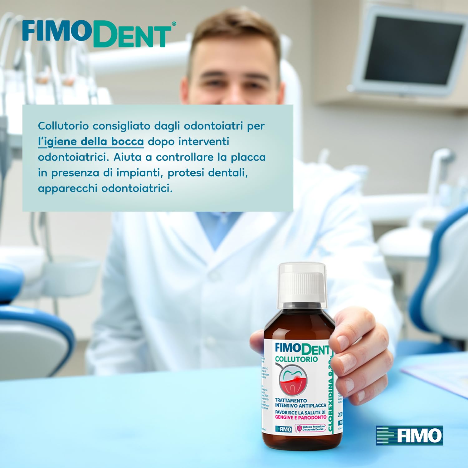 Fimodent Collutorio - Clorexidina 0.20% con SPDD (Sistema Protezione Discromie Dentali) e gradevole gusto menta - Trattamento antiplacca e antibatterico intensivo - 200ml