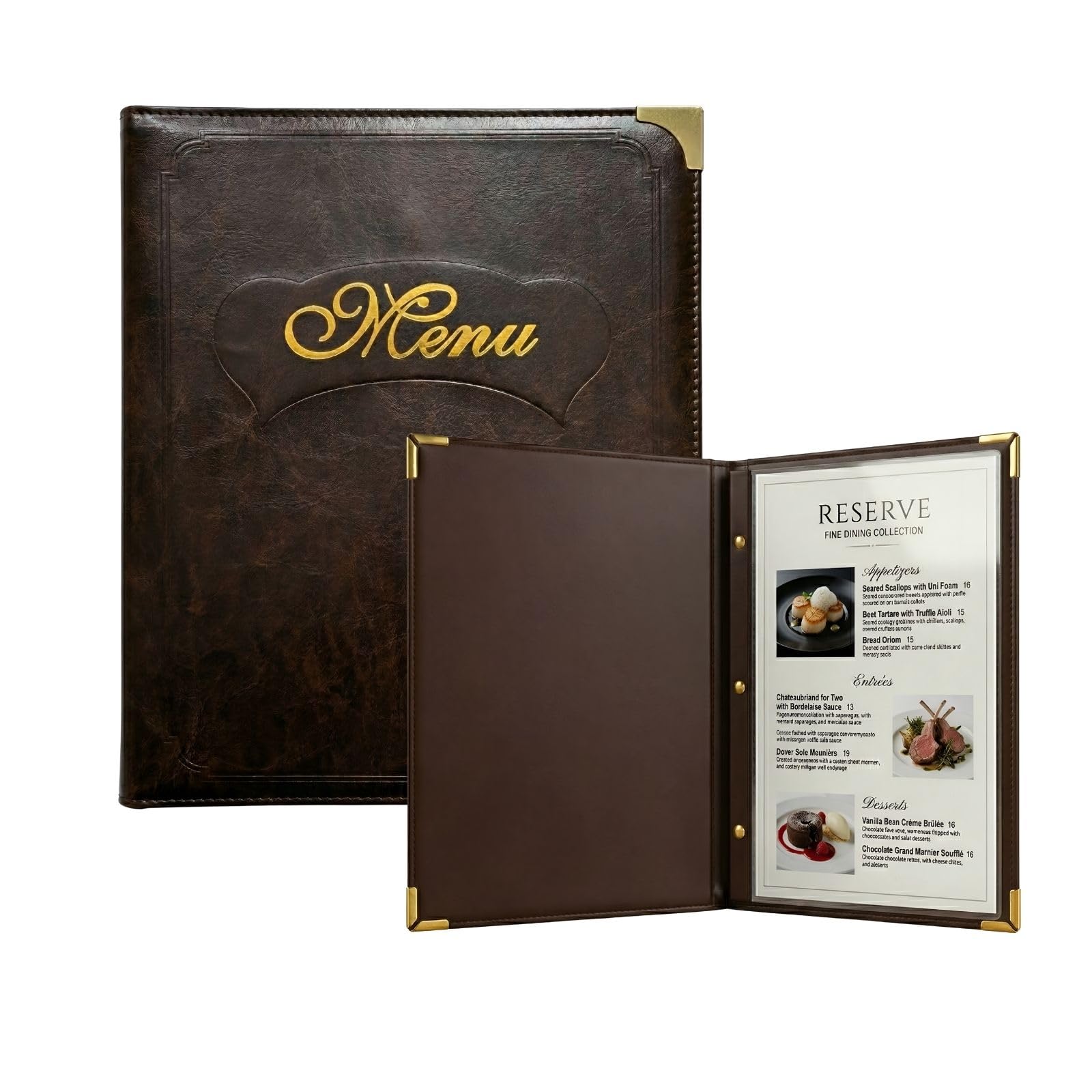 Set di 2 Portamenu A4 in Similpelle Marrone Caffè – 14 Facciate – Porta Menu Elegante, Antimacchia e Durevole per Locali di Ristorazione
