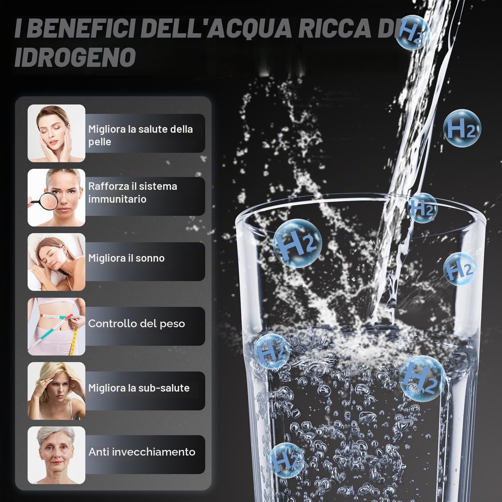 Bottiglia d'acqua idrogenata migliorata, generatore di idrogeno, macchina per acqua idrogenata ricaricabile con tecnologia SPE/PEM, portatile e ricaricabile, vetro, 450 ml (confezione da 2)