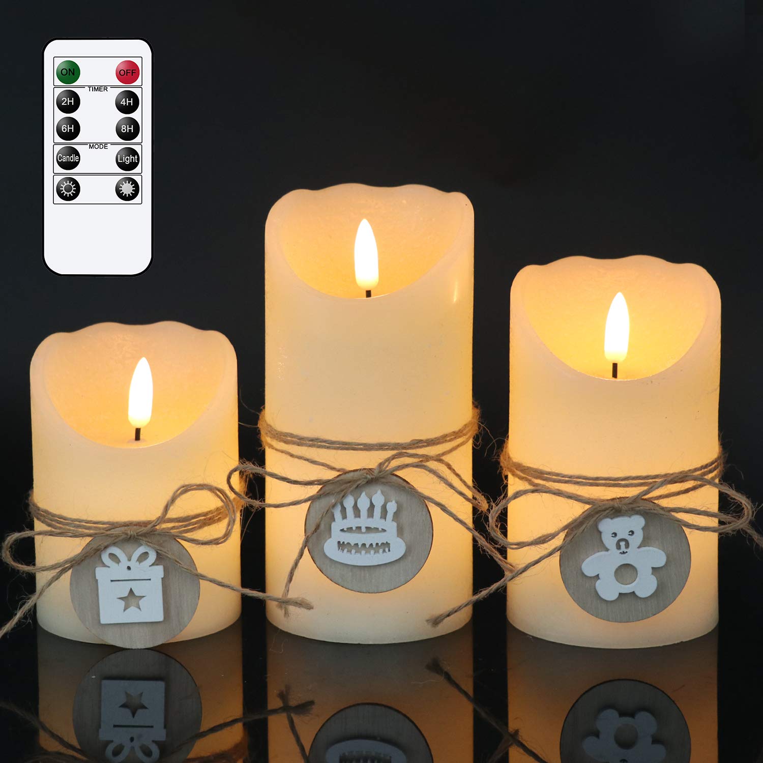 Wondise ing Flameless Pillar Candles with Remote and Timer, LED Battery Operated Real Wax Realistic 3D Wick Hemp Rope Faux Decor Pillar Candles 9 Style Wood Pendant Decals(Ivory, 3 x 4, 5, 6)