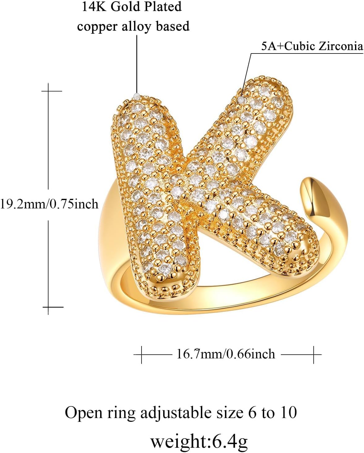 FindChic Initial Ring for Women, Gold Plated Chunky Letter Rings Open Adjustable Trendy Sparkling Cubic Zirconia Personalized Statement Rings Jewelry Gift - Image 4