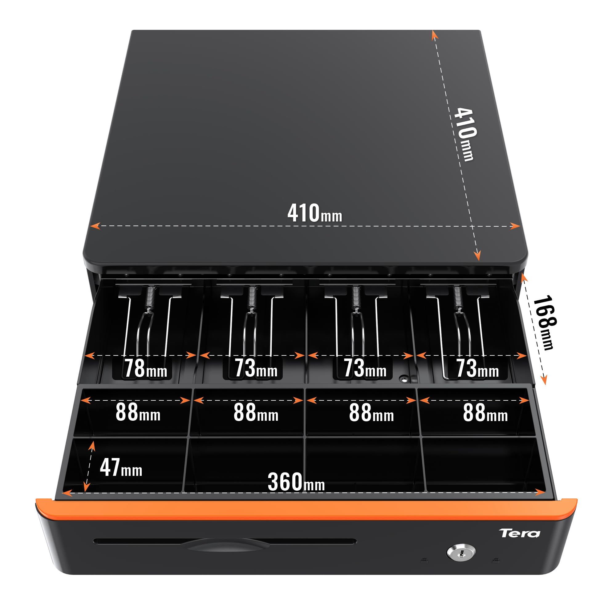 Tera Cajón Portamonedas Caja Registradora con Cerradura: 40,5 × 40 × 10,2 cm 5 Compartimentos Billetes 8 Monedas con Bandeja RJ12 Llaves Microinterruptor para POS Supermercado Tienda Modelo 405R