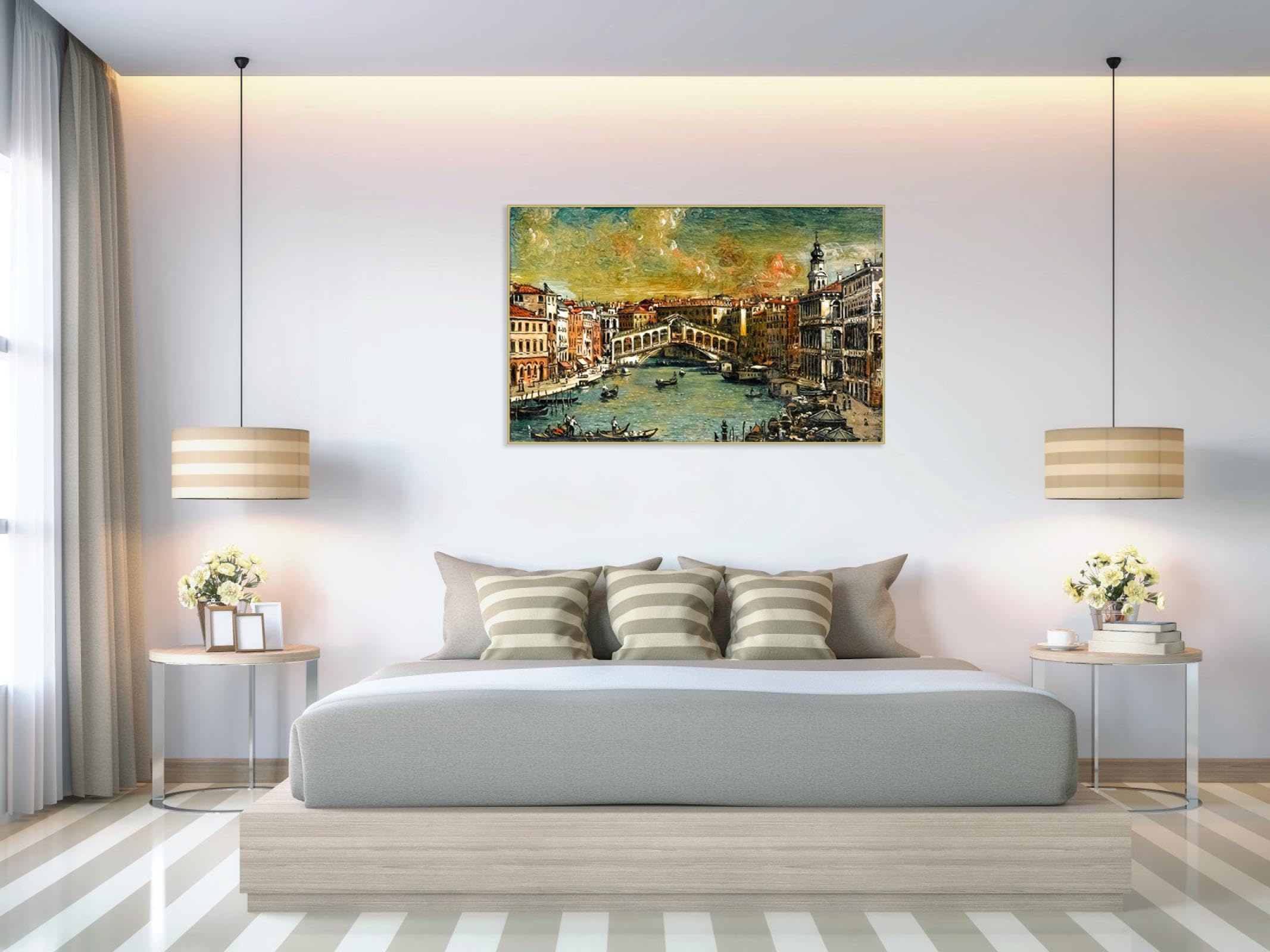 Giorgio de Chirico Art Print słynne obrazy reprodukcja na płótnie - 'Wenecja, Most Rialto' plakat i druki - surrealizm płótno sztuka ścienna krajobraz obraz nowoczesny wystrój domu 30 x 42 cm złota