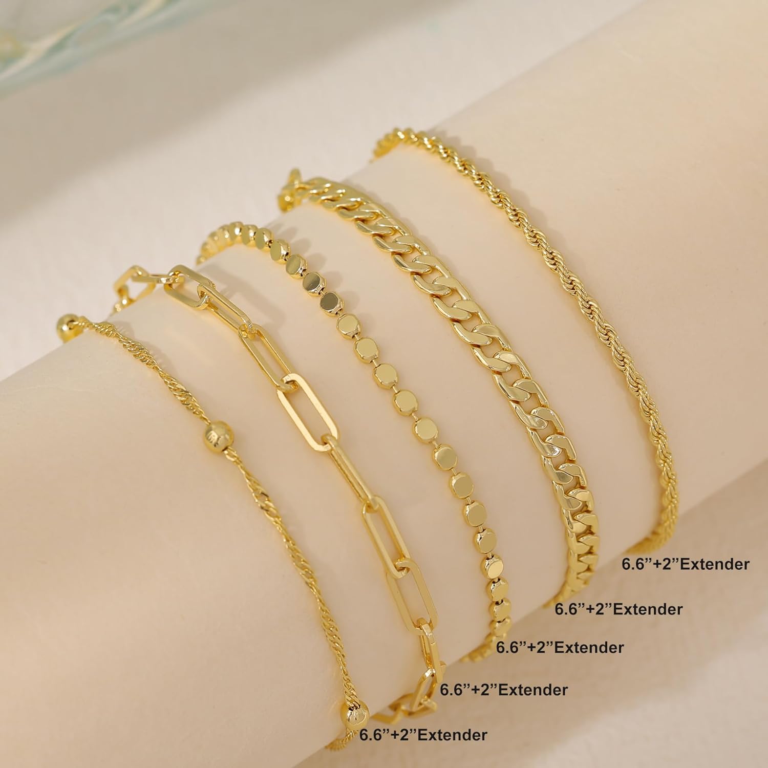 Gold Bracelet Stack for Women,14k Gold Plated Stackable Bracelets Trendy Dainty Waterproof Beaded Bracelet Set Cute Non Tarnish Bracelet Adjustable Paperclip Cuban Link Chain Women's Jewelry - Image 4