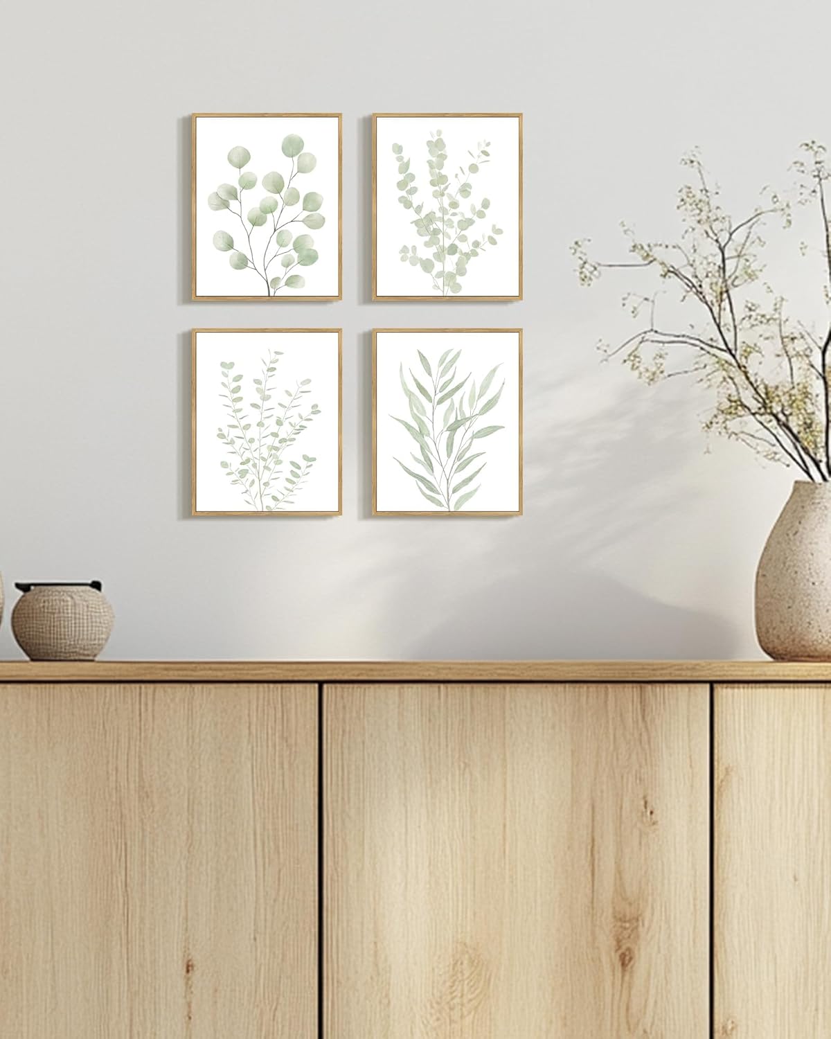 Drsoum Botanical Plant Framed Wall Art Boho Wall Decor for Bathroom Sage Green Eucalyptus Leaf Prints Minimalist Aesthetic Ready to Hang Set of 4, 8x10 in (Natural Framed)