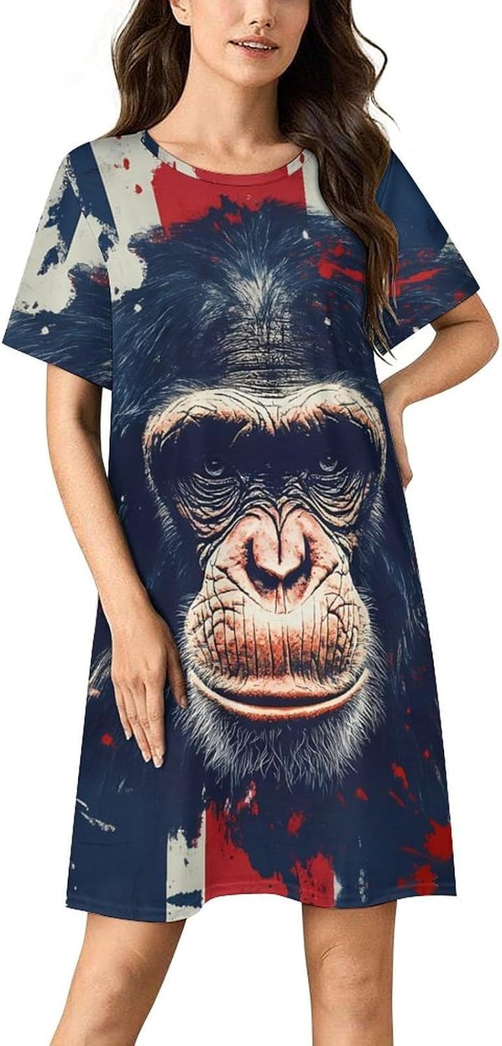 British Flag Monkey Nightgowns for Women Short Sleeve Sleep Dress Casual Sleepshirt Night Gowns Pajamas