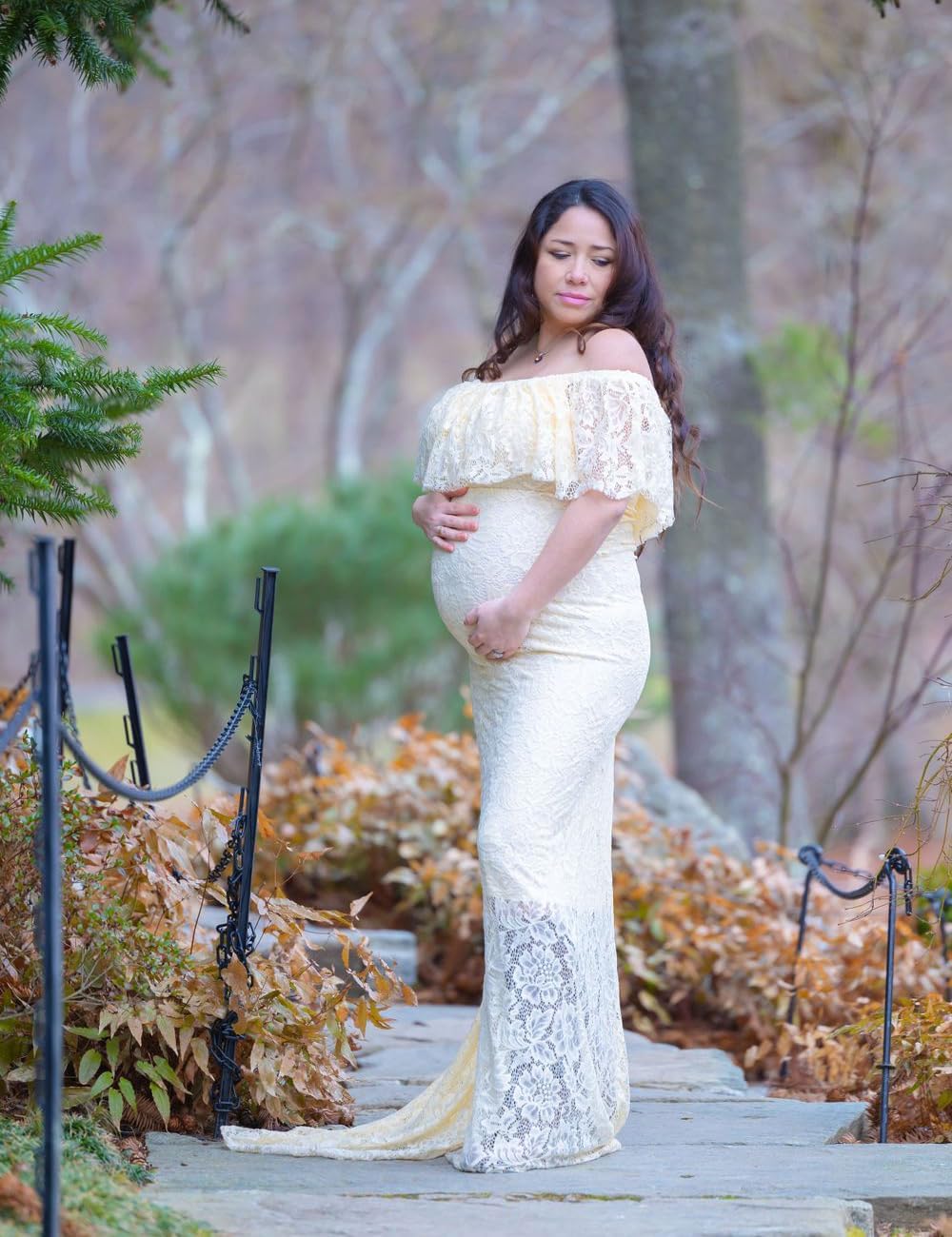 JustVH Women's Off Shoulder Short Sleeve V Neck Lace Maternity Gown Maxi Photography Dress