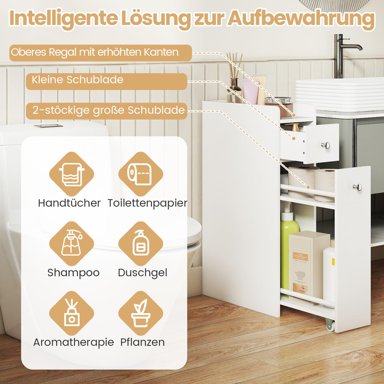 COSTWAY Nischenschrank, Badschrank mit Schublade & Rollen, Badezimmerschrank klein, Aufbewahrungsschrank Holz, Seitenschrank für kleine Räume (Weiß)