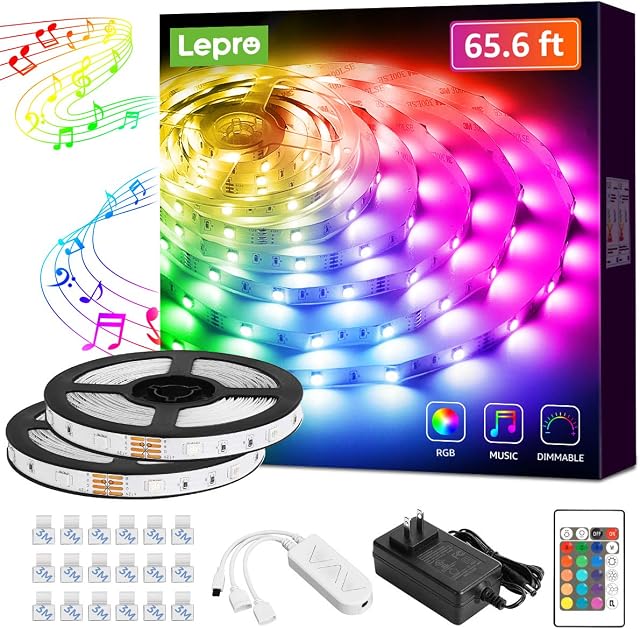 Lepro LED Strip Lights, 65.6ft Music Sync LED Lights Strip with Remote, RGB Color Changing Light Strip for Bedroom, Living Room, Kitchen and More, 32.8ft*2