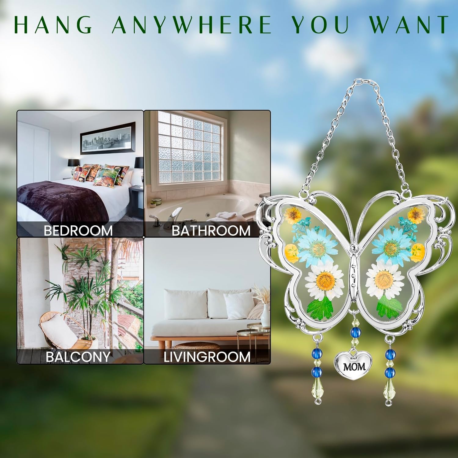 LARAINE Butterfly Suncatcher with Pressed Flower Wings Mom Mother's Day Butterfly Glass Wind Chime Ornament Charm with Metal Heart Gifts for Mom Grandma Aunt Birthday (Grandma, Blue) - Image 5