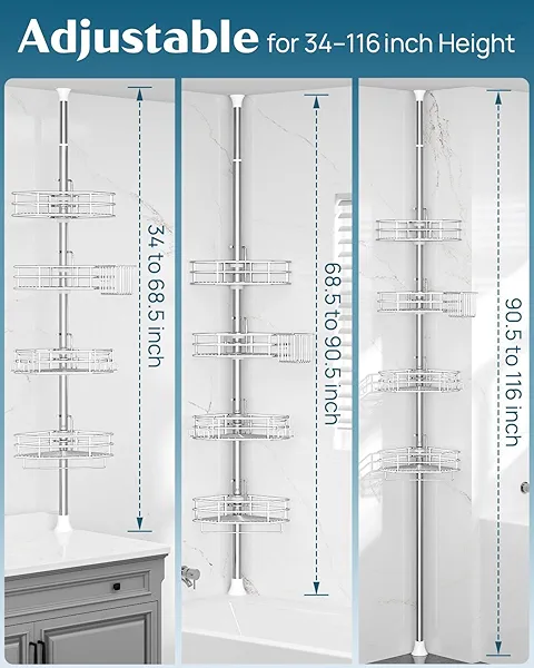 SEIRIONE Corner Shower Caddy Tension Pole, Quick Setup, Rust-Free Bathroom Shower Organizer Corner for Bathtub Shampoo Storage, 4-Tier Adjustable Shelf, Drill Free, Fits 34 to 116 Inch Height, Silver