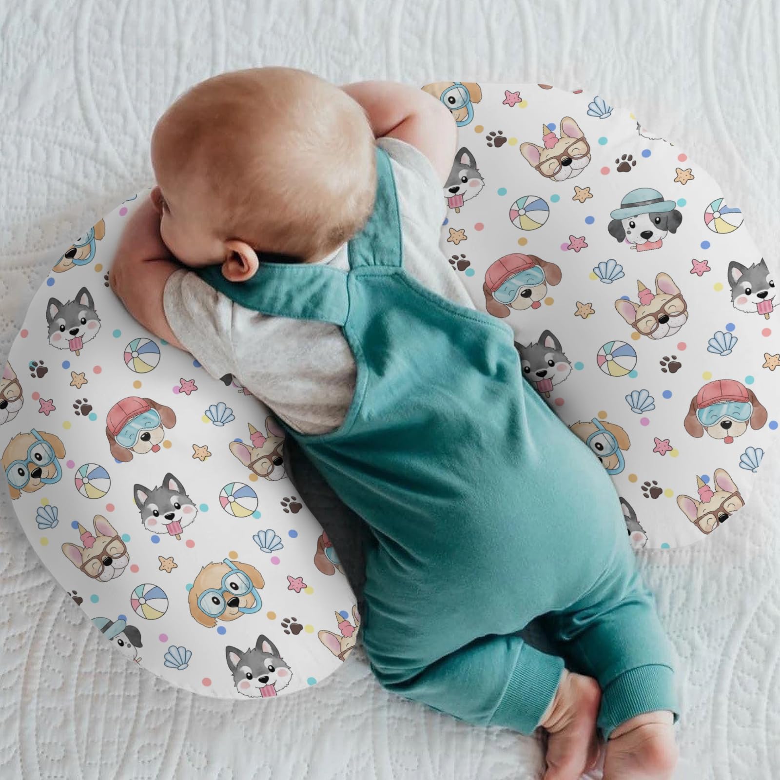 Summer Beach Fun Dogs Nursing Pillow Covers for Boy Girl Cute Dog Vacation Nursing Pillow Slipcovers for Breastfeeding Pillows Dogs Lovers Gift Soft Stretchy Removable Covers for Newborn Infant