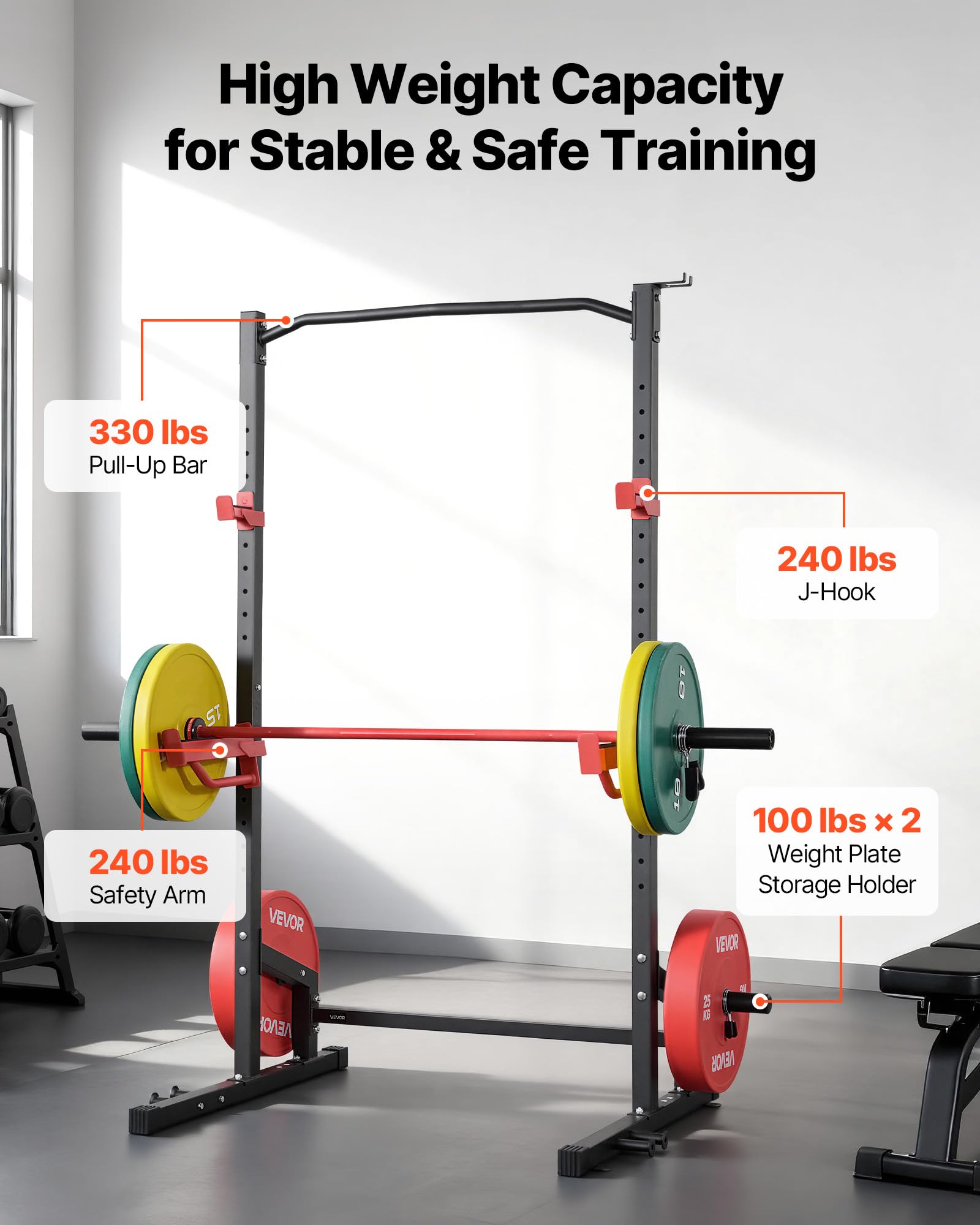 VEVOR Power Tower Dip Station Multifunzionale per Palestra Domestica, Attrezzatura per Allenamento della Forza da 453 kg con 4 Pioli per Fasce, Ganci a J Regolabili e Barre di Sicurezza