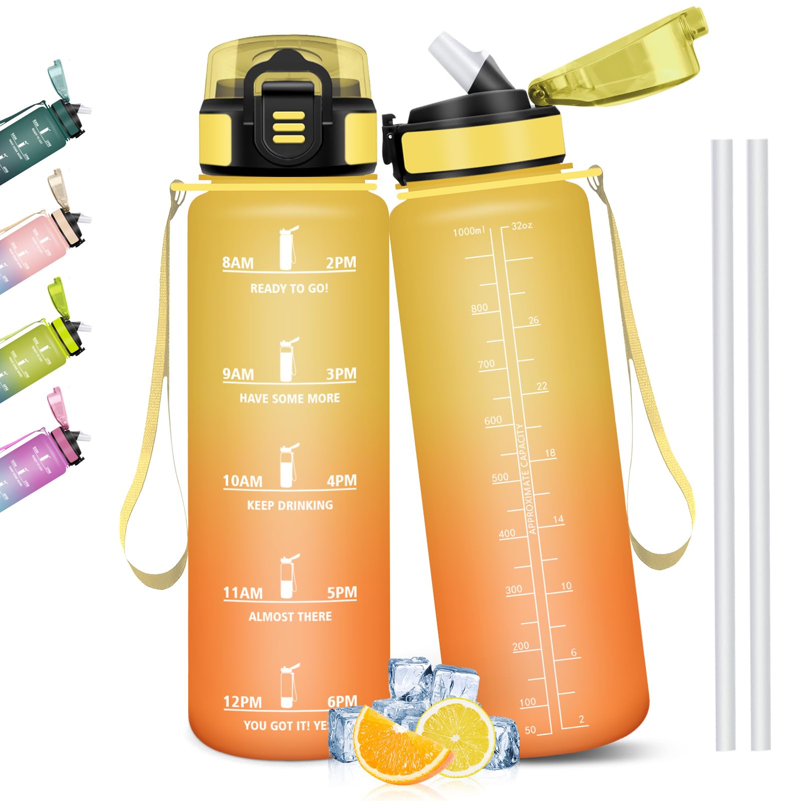 Mulbijeo Botellas de Agua, 1 Litro BPA Free, Botella Gimnasio, con Escala de Tiempo Motivacional, Cantimplora, Reutilizable, Garrafa de Agua, Ideal para Escuela, Oficina, Deporte, Botella con Pajita — view 9