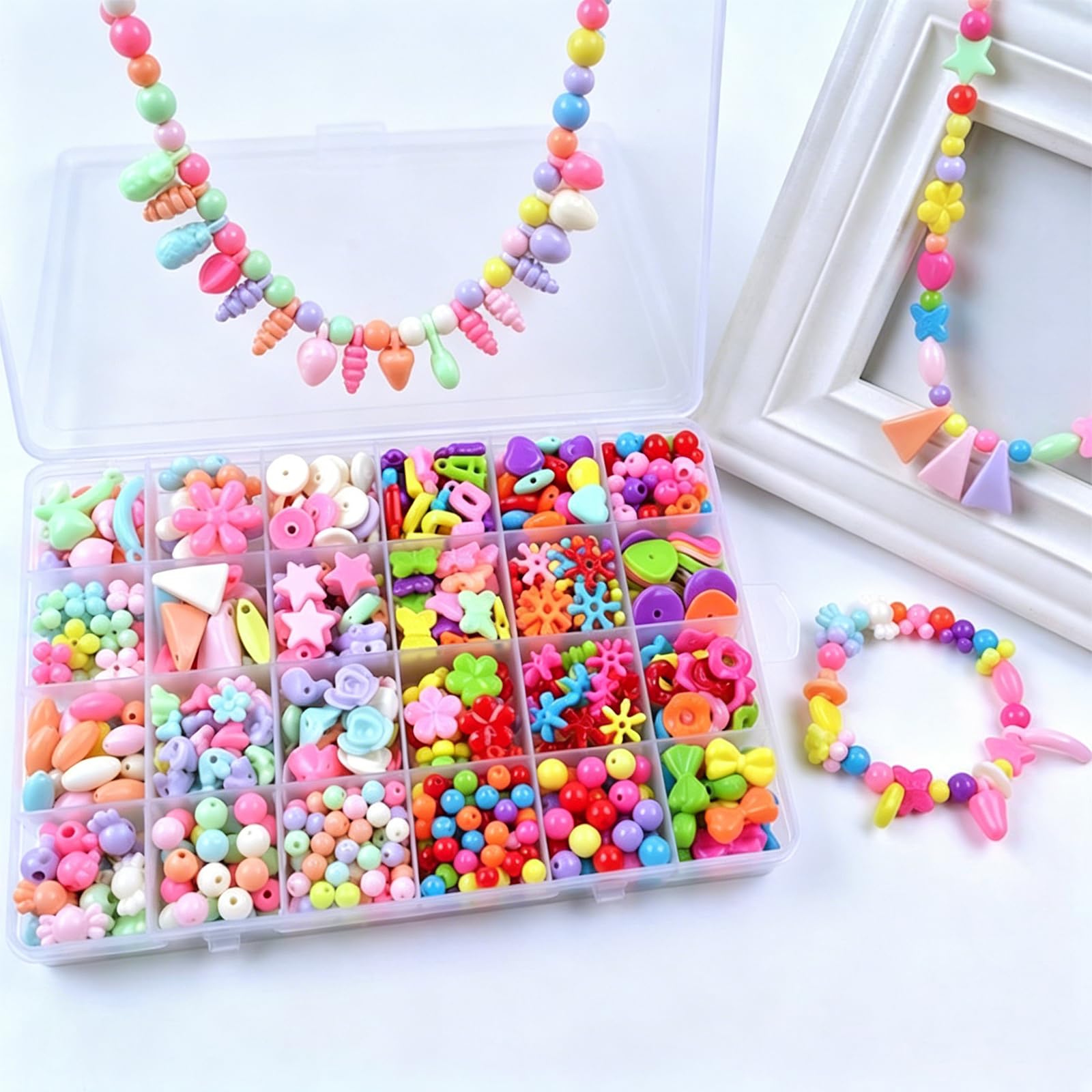 SKYPRO DIY Beaded Jewelry Making Kit, Acrylic Loose Beads & Spacer Beads, Handmade Bracelet Necklace Making Set with 24-Compartment Storage Box（Type10 500Pcs）