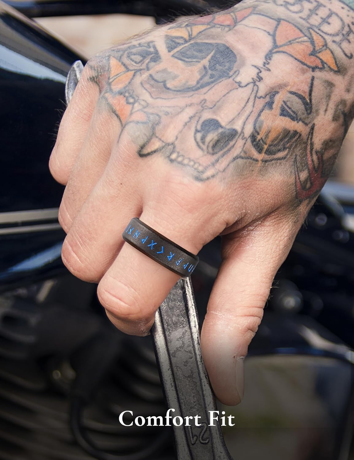 King Will Viking Stainless Steel Wedding Band - 8mm Men Ring with Tree of Life Rune Design and Abalone Shell Inlay in Grey/Gold/Black Vintage Finish,Comfort Fit Size 7-14