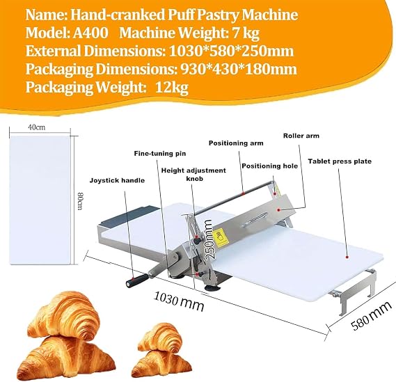 Manual Folding Dough Sheeter Machine, Stainless Steel Pastry Roller, with Adjustable Thickness, for Bakery, Pizza, Croissant, Commercial & Home Use,001,1030 * 580 * 250mm