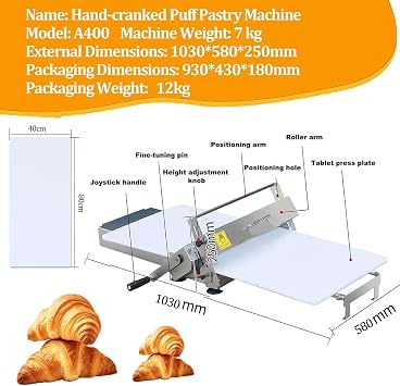 Manual Folding Dough Sheeter Machine, Stainless Steel Pastry Roller, with Adjustable Thickness, for Bakery, Pizza, Croissant, Commercial & Home Use,001,1030 * 580 * 250mm