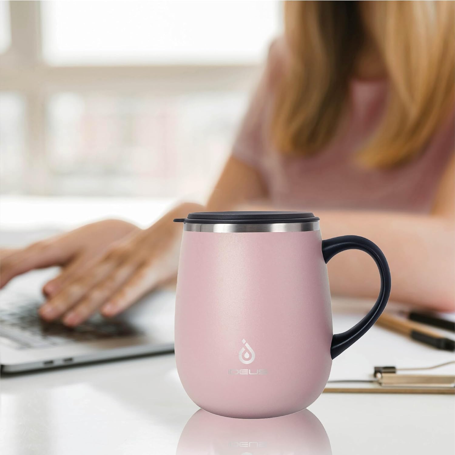 Ideus 16 oz Insulated Coffee Mug with Handle and Lid, Double Wall Stainless Steel Vacuum Thermal Coffee Mug, Travel Coffee Cup Thermal Cup for Home and Office, Sakura Pink - Image 7