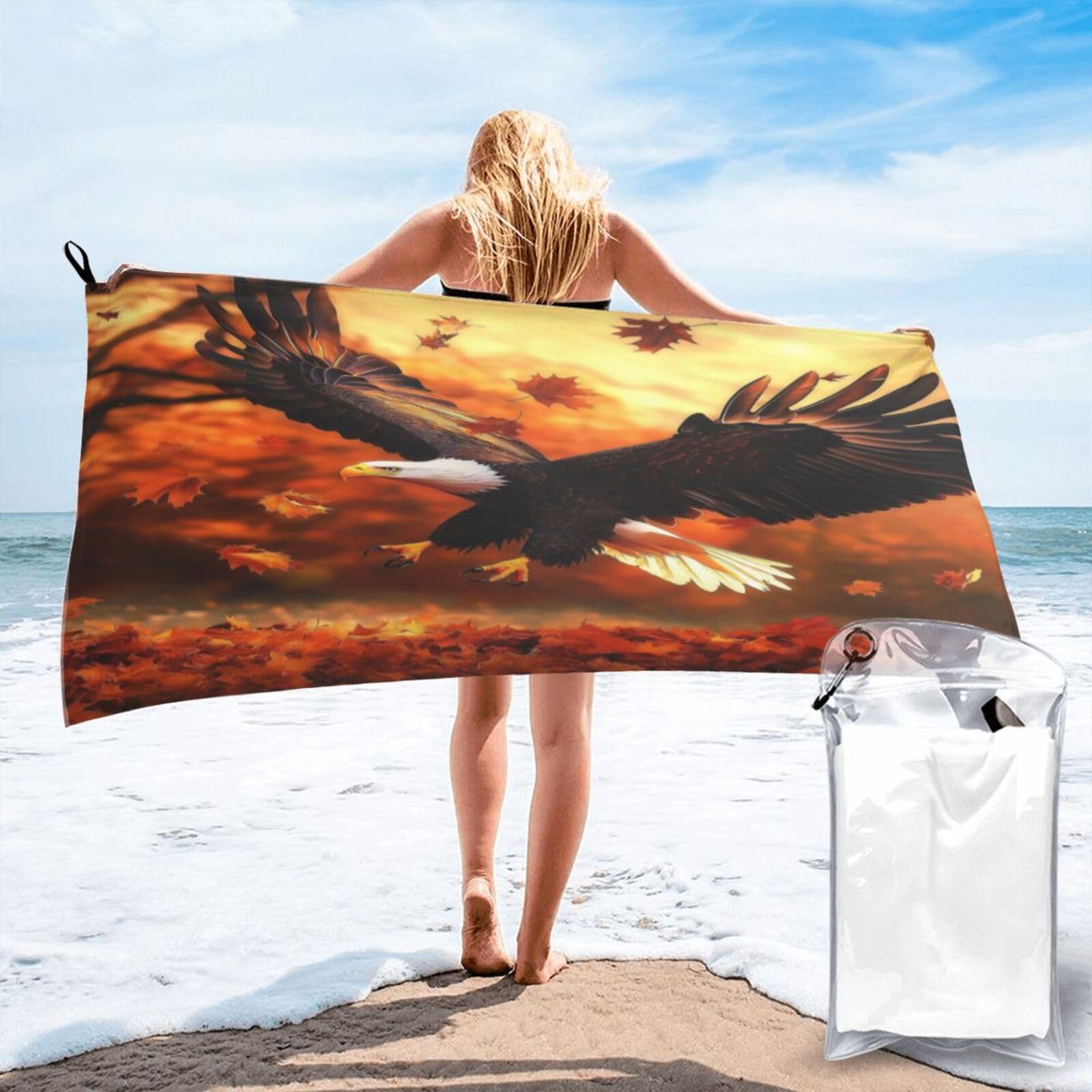 Anceky Eagle Flying Through Autumn Leaves Quick Dry Microfiber Travel Towel with Carry Case and Carabiner 27.5"X55"
