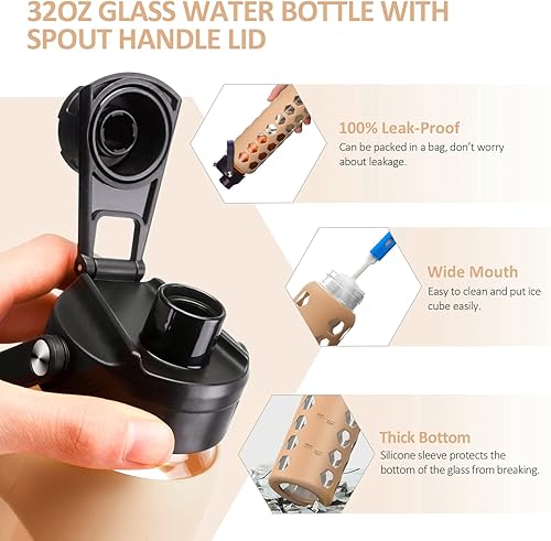 Miniatura 6 de MUKOKO Botella de agua de vidrio de 24 onzas con 2 tapas, tapa abatible y tapa de popote de bambú, vaso de agua motivacional con recordatorio de