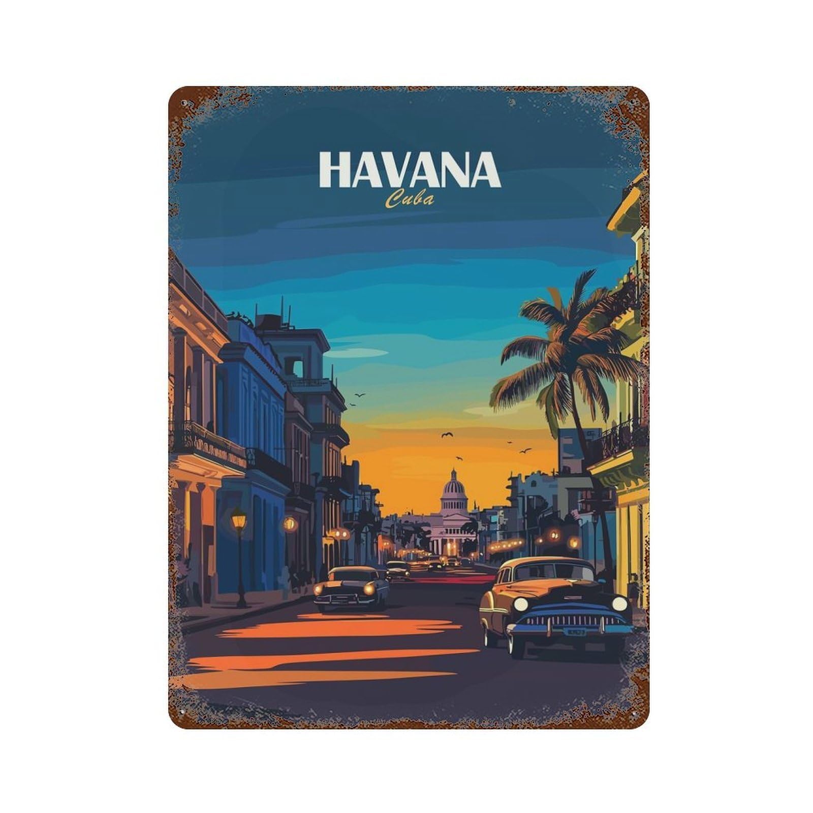 Weathered Tin Sign with Havana Cuba Cityscape Illustration Design 15.7"x11.8", for Shed, Workshop And Garage Wall Decor, Decorative Metal Wall Art