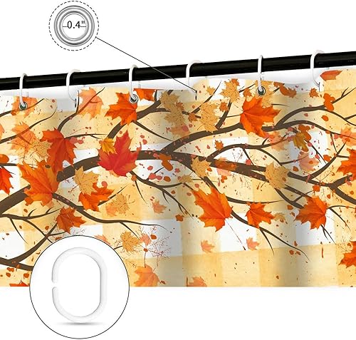 Miniatura 6 de Cortina de ducha a cuadros de búfalo naranja, decoración de otoño, lindos gnomos en camión verde azulado retro, cortina de ducha de calabaza de