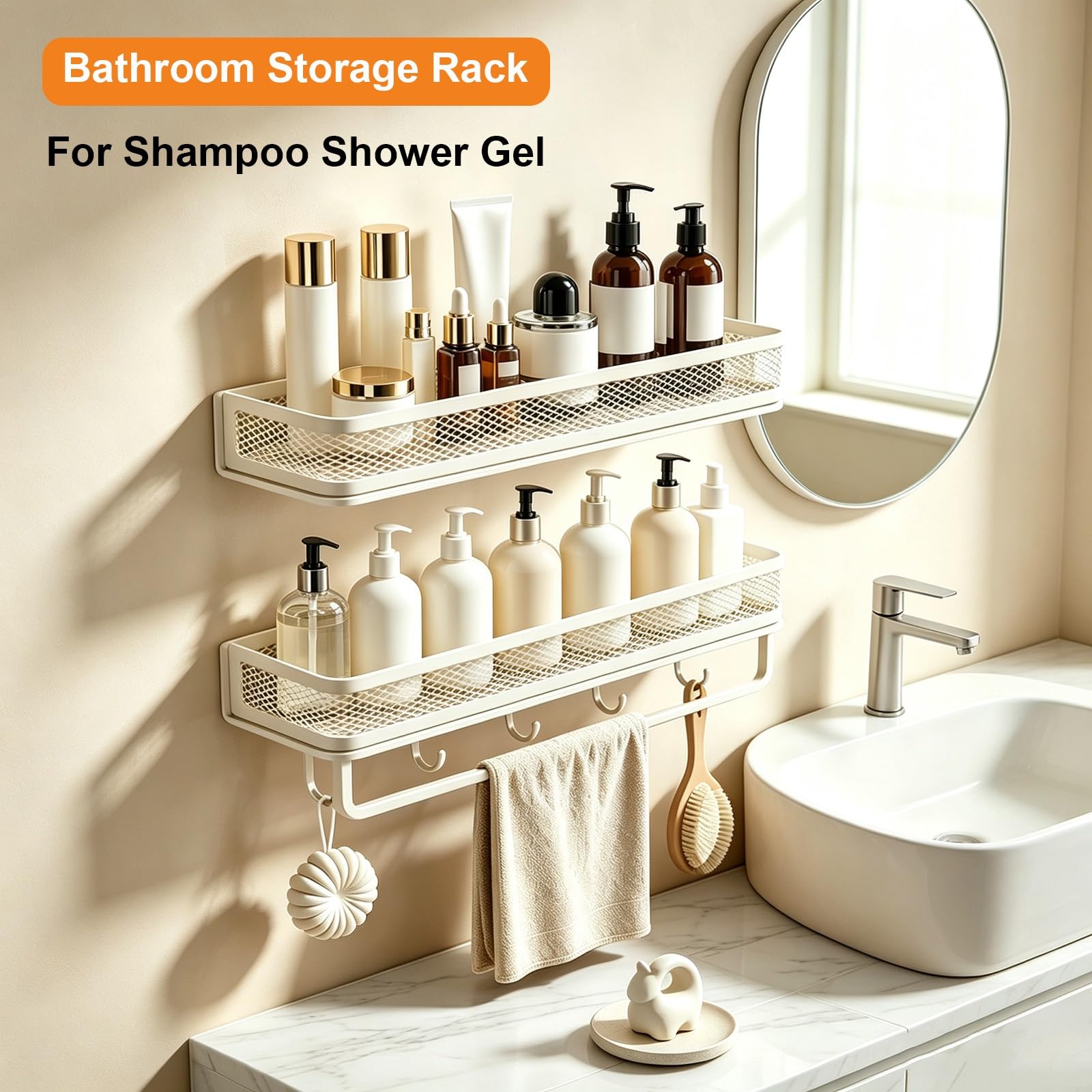 Porta Shampoo Adesivo Rimovibile, Organizer da Doccia a Parete Senza Fori | Disponibile con/senza Portasciugamani per Bagno, Cucina, Balcone, Dormitorio, Appartamento(Nero,60cm/23.6")