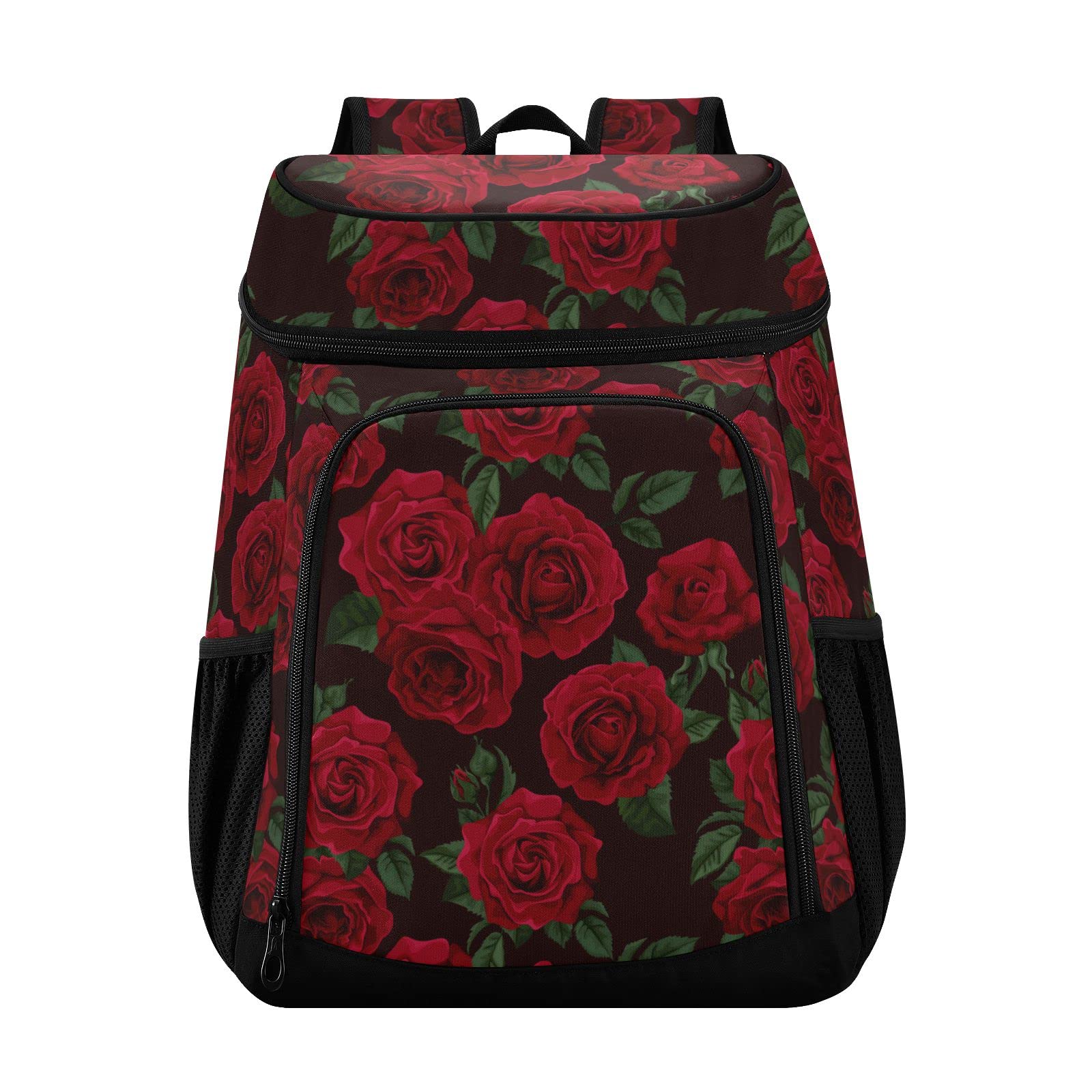 Mochila enfriadora de rosas rojas vintage reutilizable de gran capacidad con aislamiento para picnic, senderismo, camping, pesca