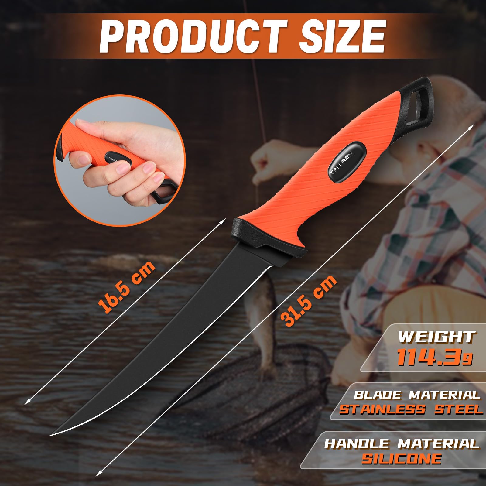 TAN REN Filetiermesser Fisch 16.5CM, Edelstahl Fischmesser mit Anti-Rutsch-Griff, Scharfes Angelmesser, Full Tang Filetiermesser Fleisch profi Messer, Outdoor-Messer für Fisch und Fleisch