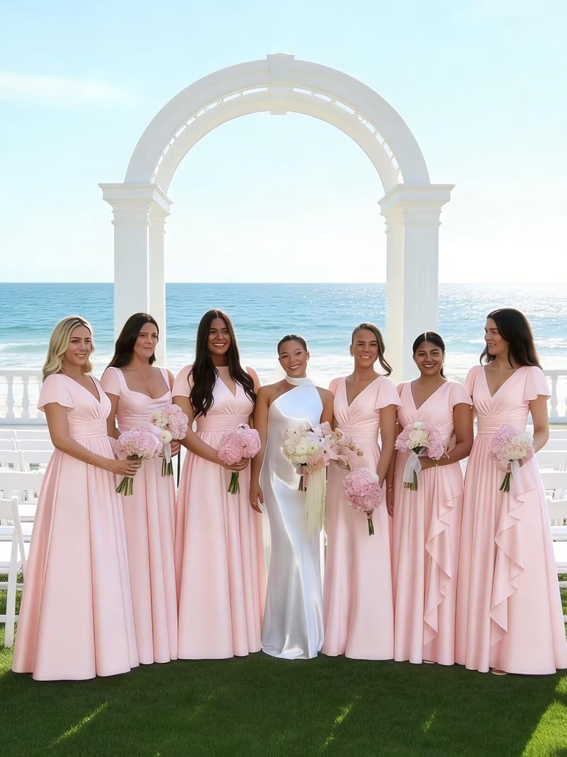 Bridesmaid Dresses with Sleeves Pleated Long Chiffon Ruffle Evening Dresses for Women
