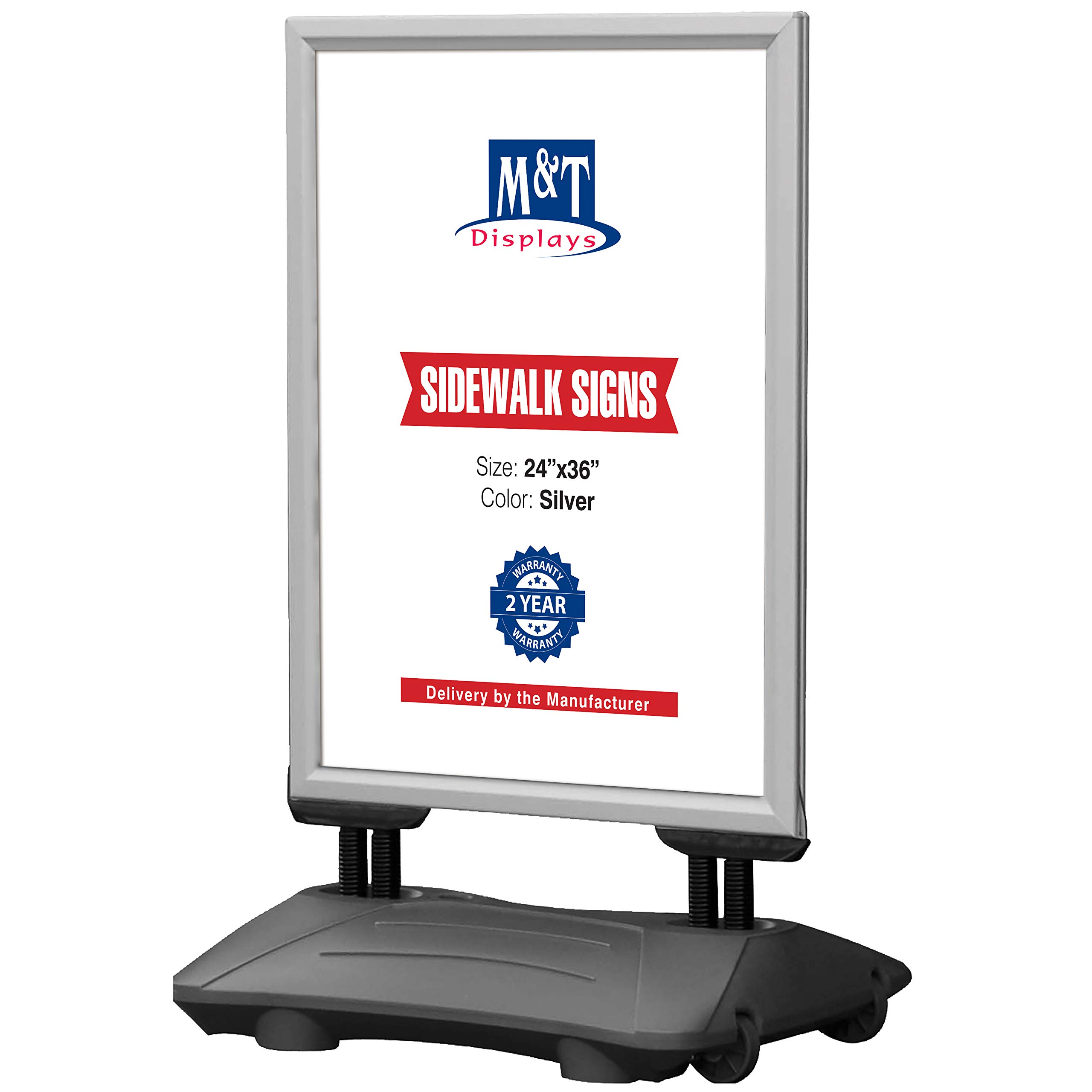 M&T Displays WindPro Weather and Wind Resistant Outdoor Pavement Sidewalk Sign for 24x36 Posters Silver Aluminum Easy Front Loading Snap Frame with Durable HDPE Silver Water Base