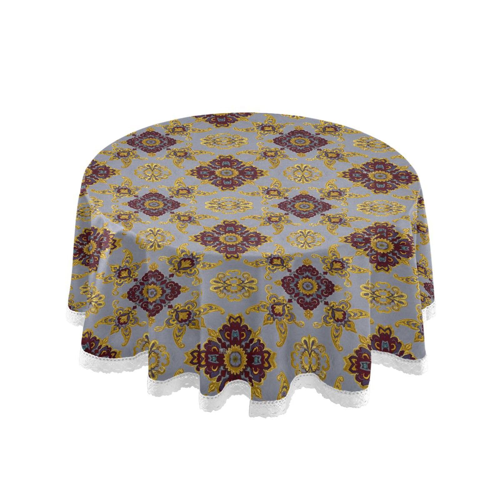 Nappe ronde polyester lavable motif cachemire rouge doré dentelle crochet 152 cm