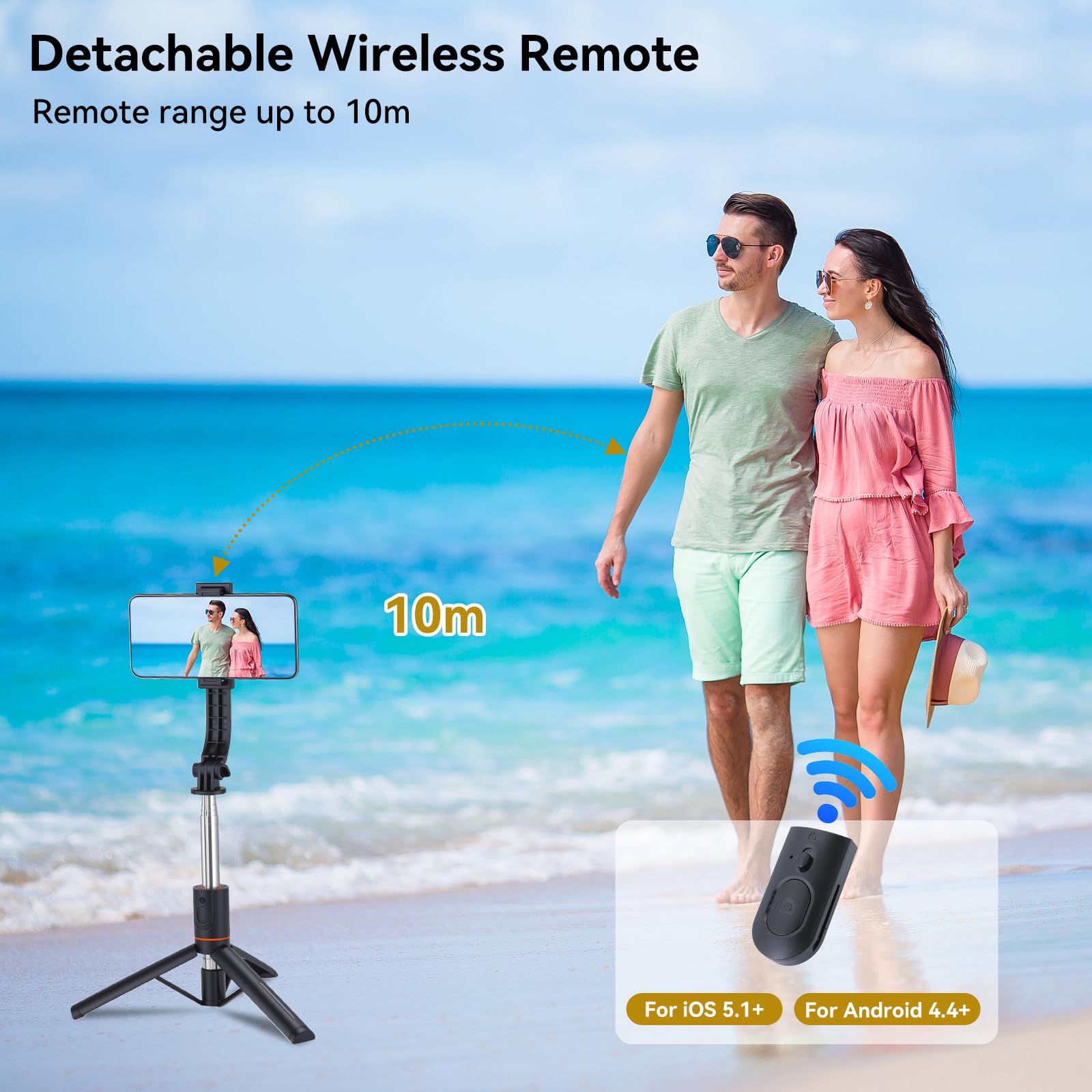 UTEBIT 116CM Trépied Telephone Portable Rétractable avec 2 Lumière, Perche a Selfie, Support de Téléphone avec Télécommande Détachable pour iPhone,Android,Gopro,Appareil Photo