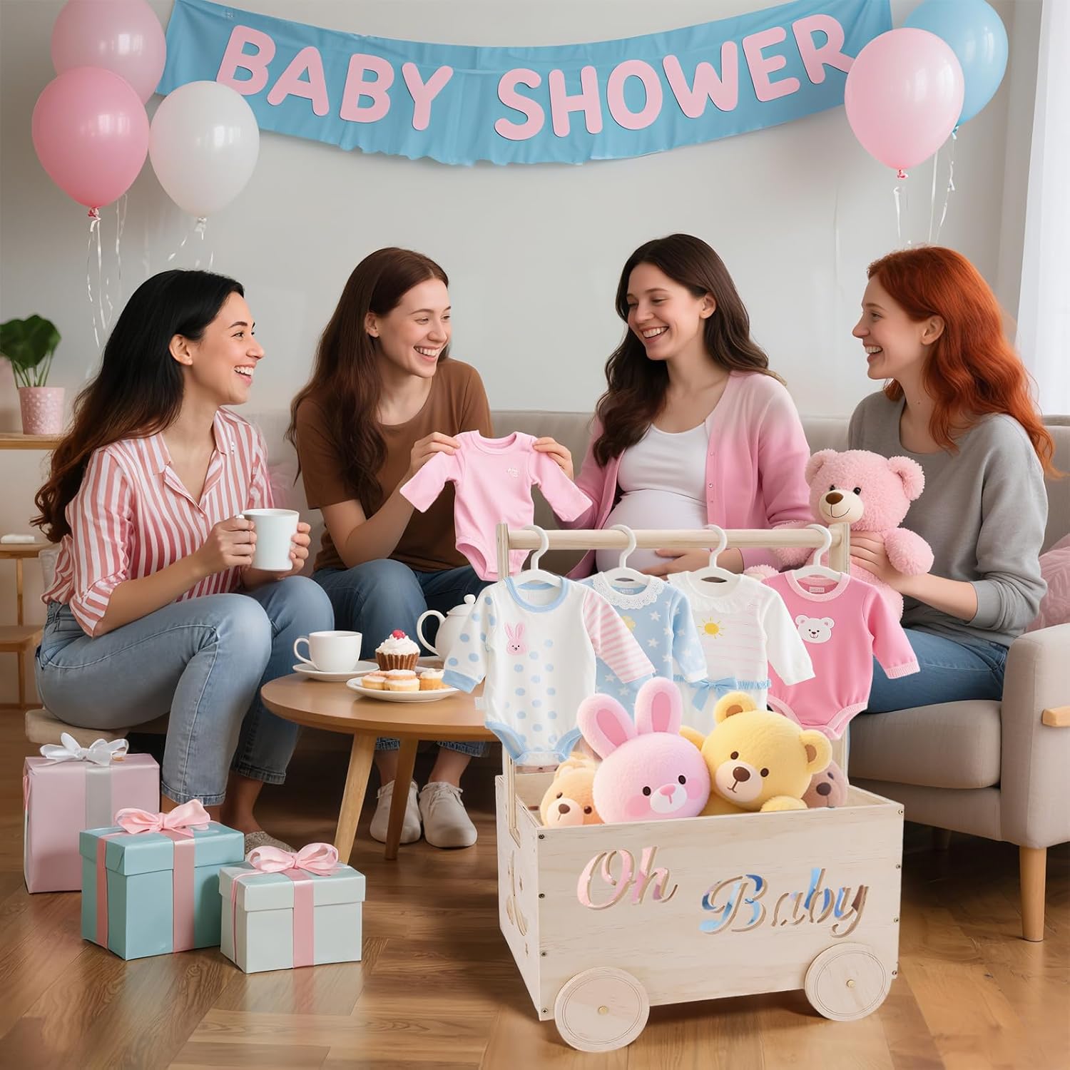 Wooden Baby Shower Crate Closet, Baby Shower Gifts Basket for Newborn Boys Girls, Personalized Babyshower Crate Box with Handle & Wheels, Pregnancy Gifts Xmas Present for New Mom Parents