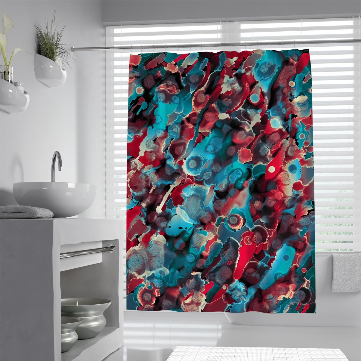 UIRINGART Contemporary Shower Curtains W150xL200cm Teal Red Black Abstract Liquid Drops Pattern Mildew Mould Resistant Polyester Fabric Bathroom Wet Room Tub