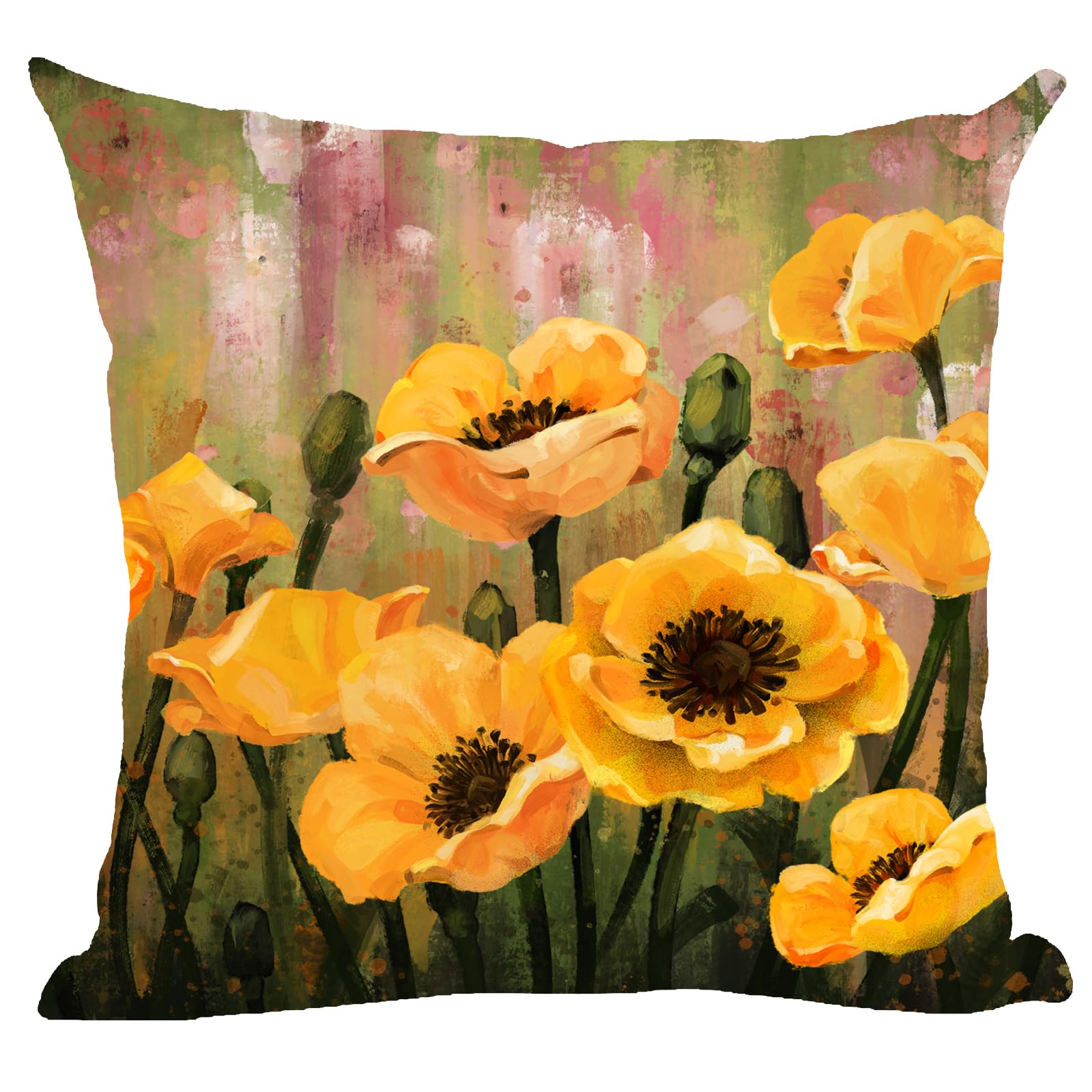 Ramirar Ink Oil Painting Watercolor Yellow Orange Poppy Flowers Green Summer Decorative Throw Pillow Cover Case Home Living Room Bed Sofa Car Cotton Linen Square 18 x 18 Inches-image-38