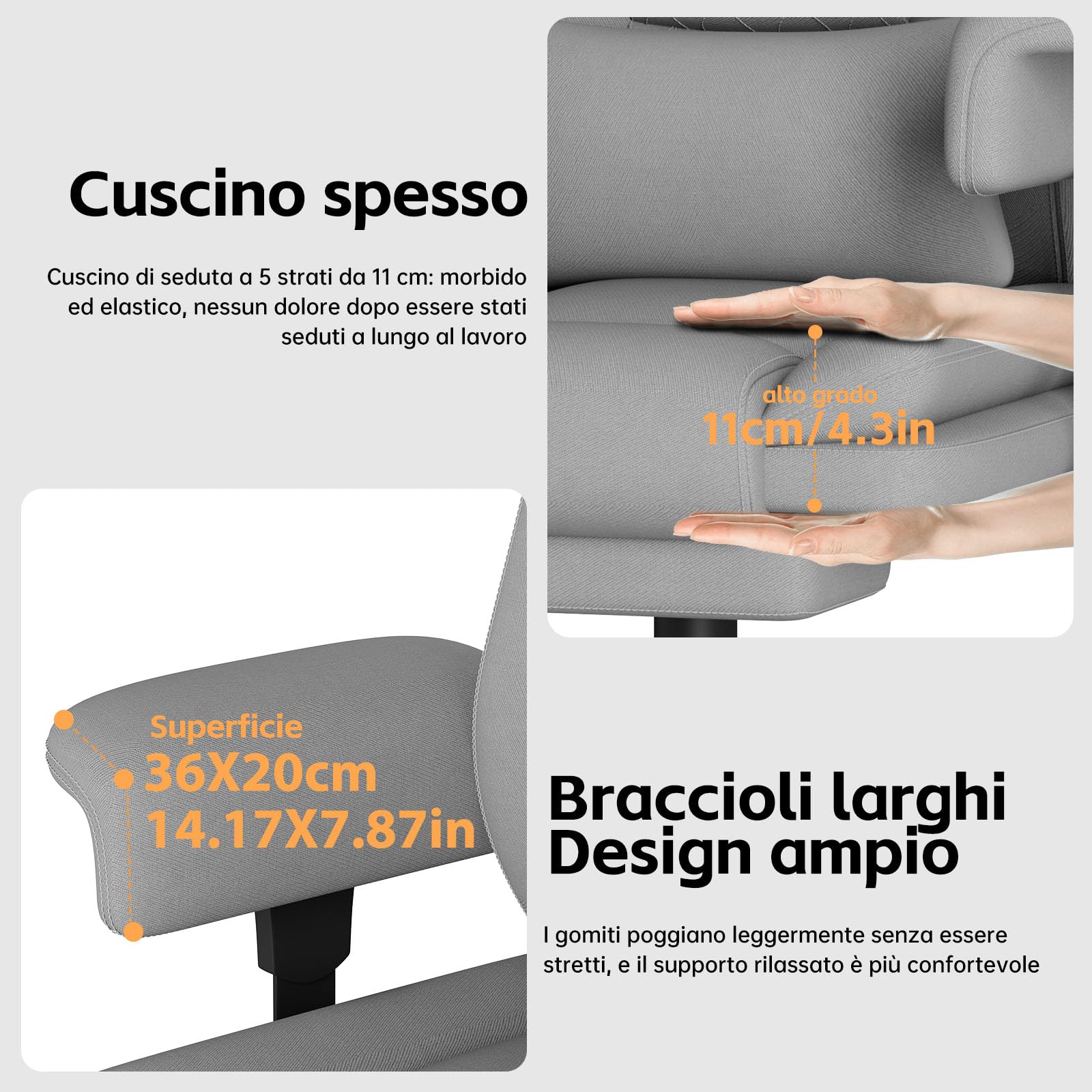 Sedia Scrivania Sedia Ufficio Direzionale Braccioli Sollevabile, Poltrona Ufficio Ergonomica con Schienale Alto Regolabile in Altezza con Supporto Lombare, Sedia da Ufficio 200KG, Grigio