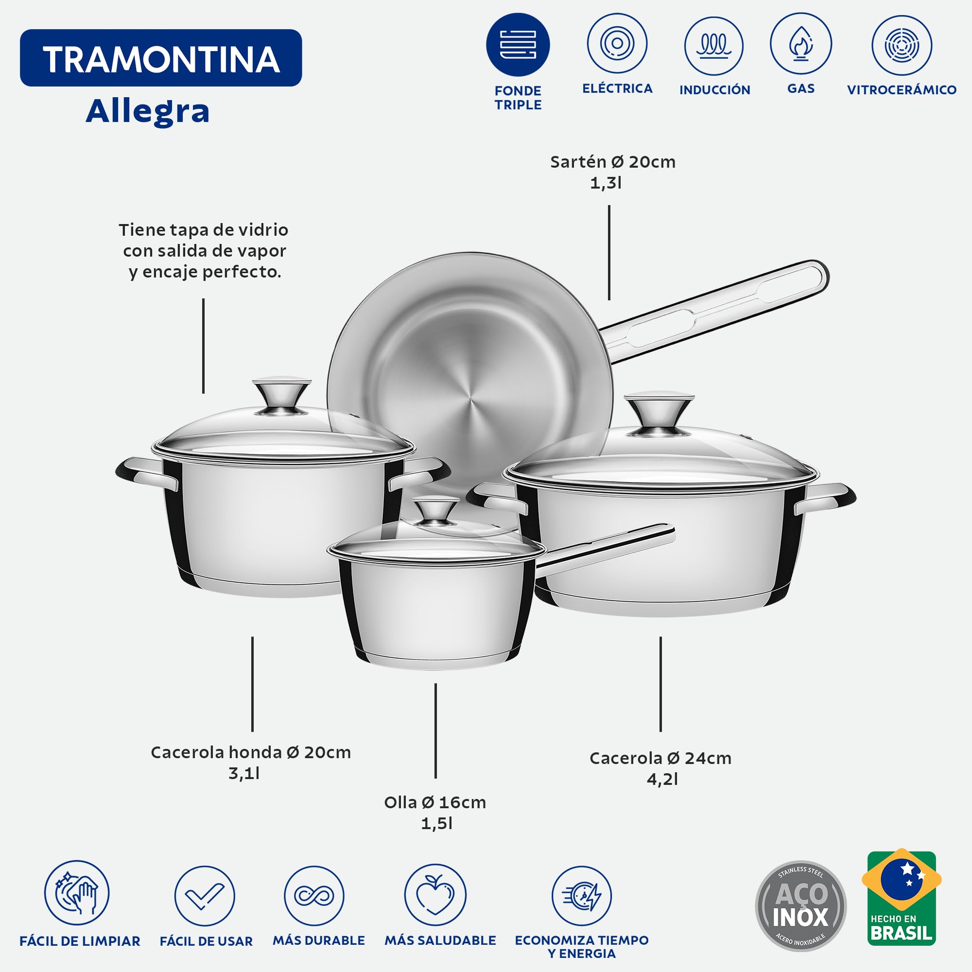 Tramontina - Batterie de cuisine Allegra, 4 pcs, Inox