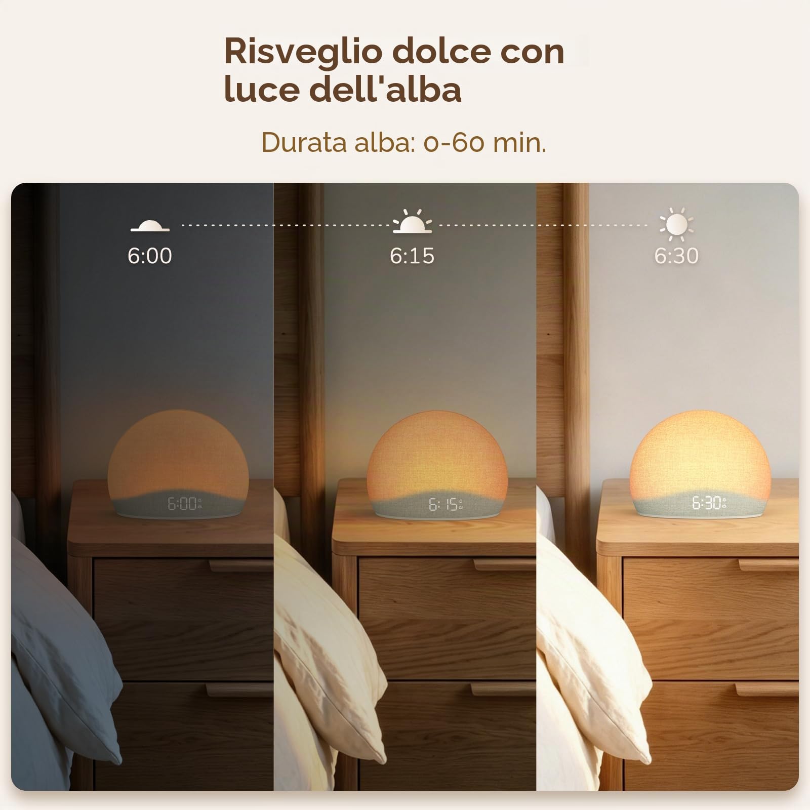 DOUMOSH Sveglia con Luce Alba e Macchina del Rumore Bianco | Luce Naturale per un Risveglio Dolce, 20 Suoni Rilassanti, Display Regolabile, Design Senza Schermo