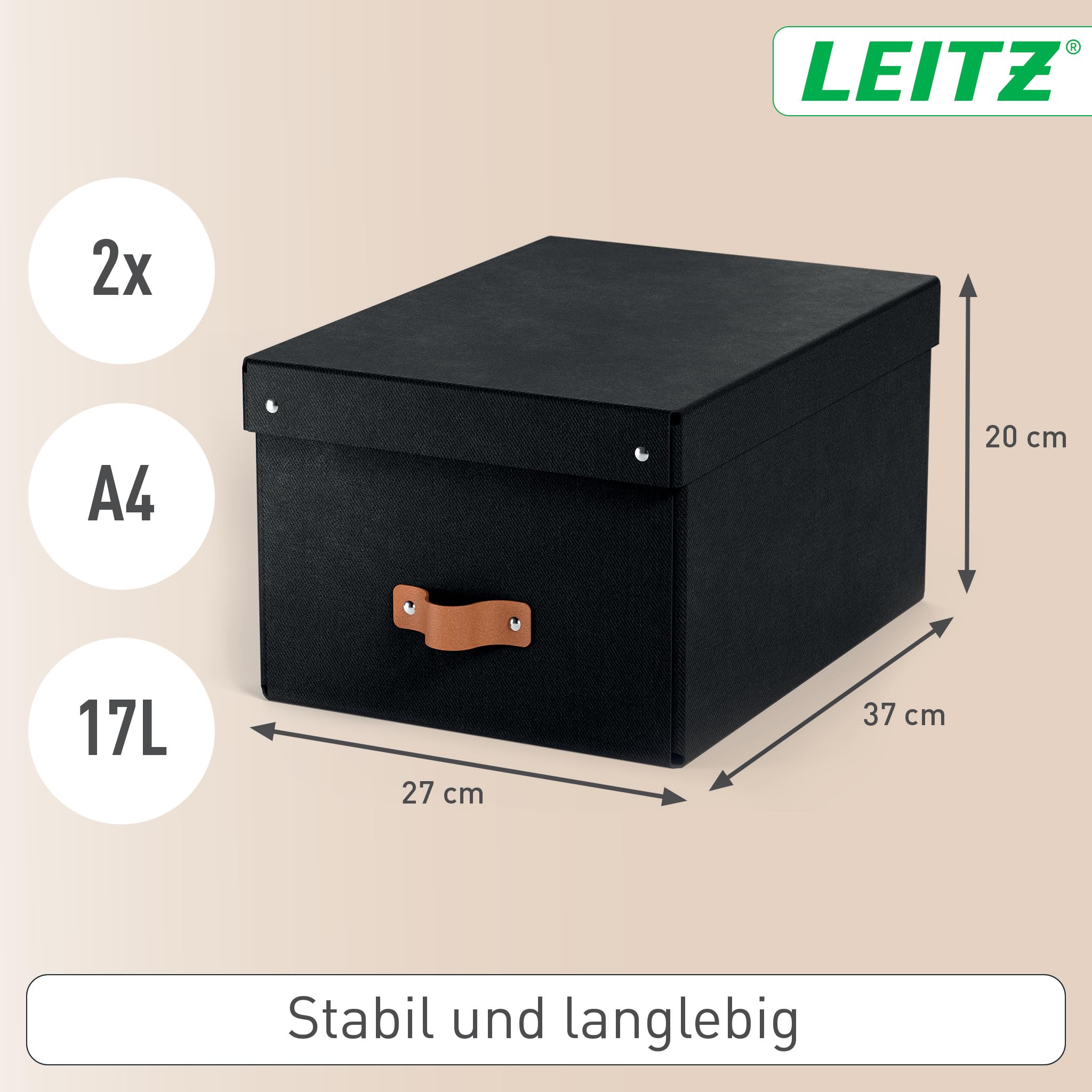Leitz Puro Aufbewahrungsbox mit Deckel, Medium, 2er-Set, Box 17 L, stapelbar, Organizer-Box für Regale und Schränke, FSC-Karton, für Büro und Home Office, 26 x 35 x 20 cm, Schwarz, 61490095