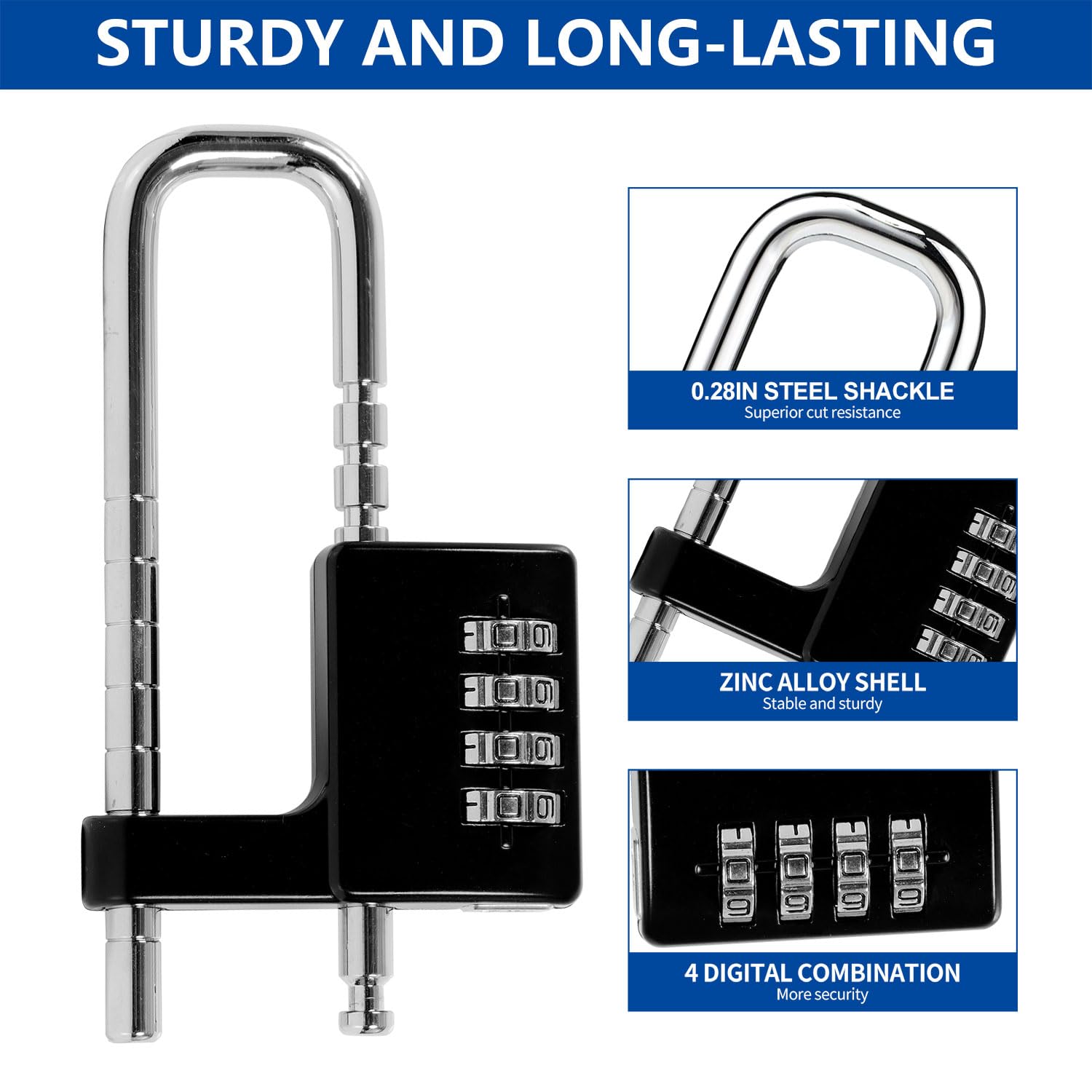 Lawnize Combination Padlock - Zinc Alloy, Long Shackle, Cabinet, School, Bike, Gym, Sports Lockers, Fences, Gate Lock, Adjustable Shackle, Tool Case, Pool Lock