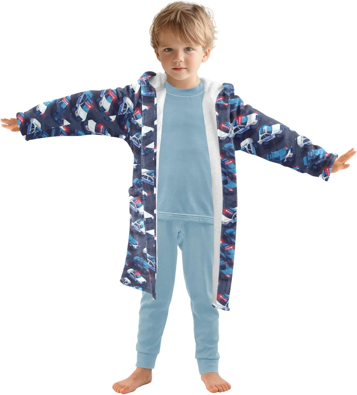 Blue and White Police Cars Pattern Bathrobe Hooded PJ Robe Soft Fleece Robe Pajama Sleepwear 2-12 Years